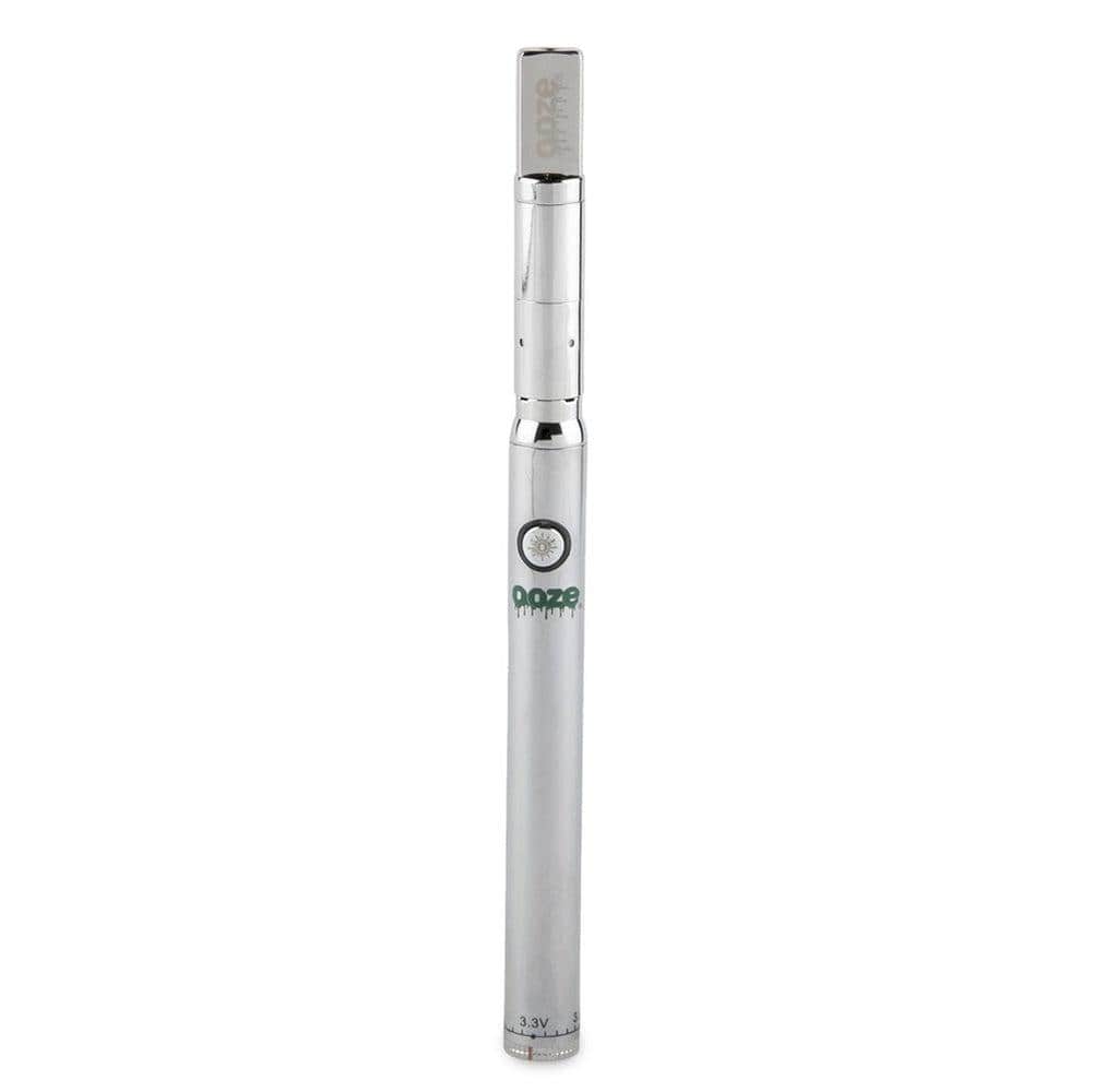 A sleek, silver Slim Twist Pro CBD Vape Battery is shown in a studio shot with soft lighting.
