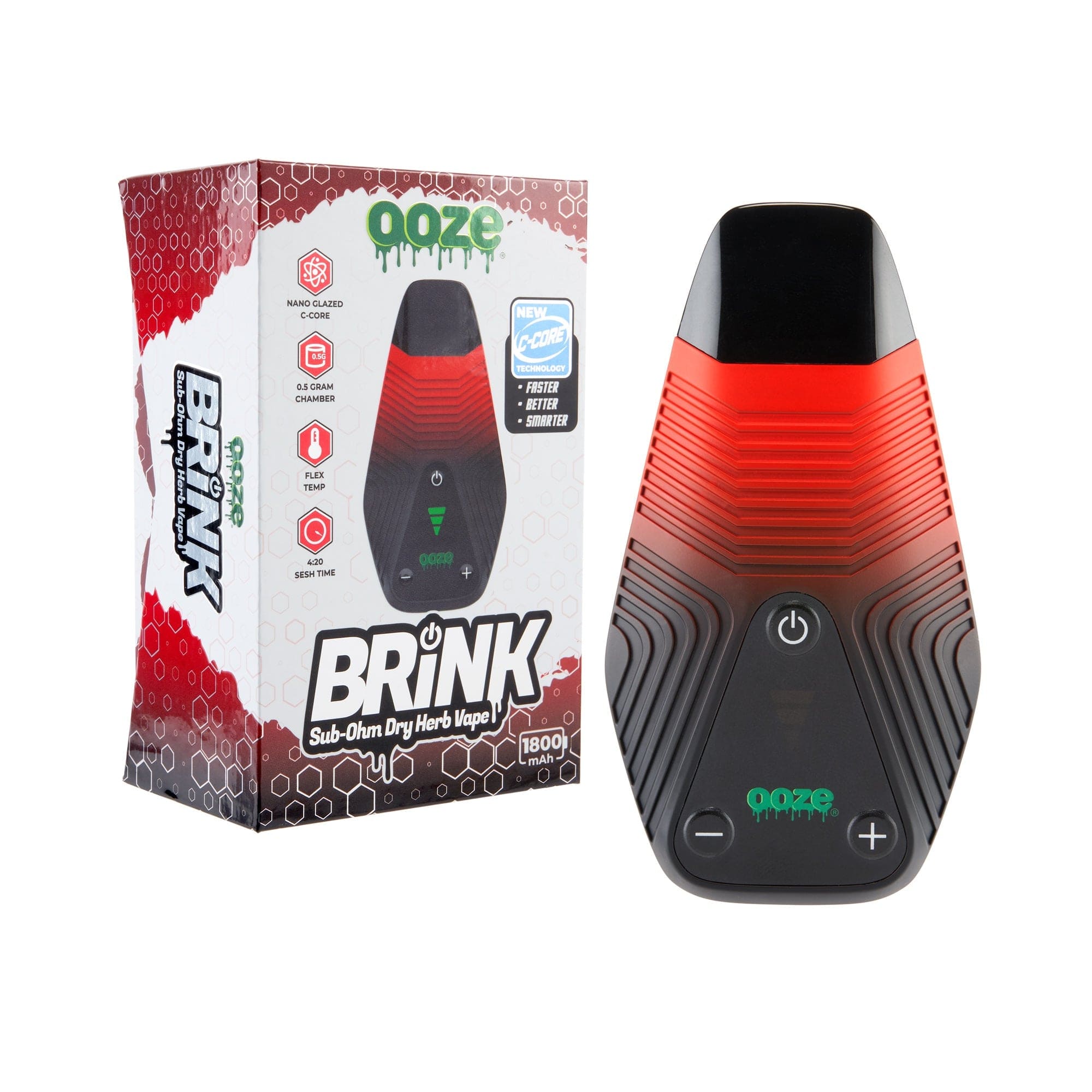 Front view of the Ooze Brink Dry Herb Vaporizer – 1800 mAh C-Core, showcasing its black finish and digital display on a white background.