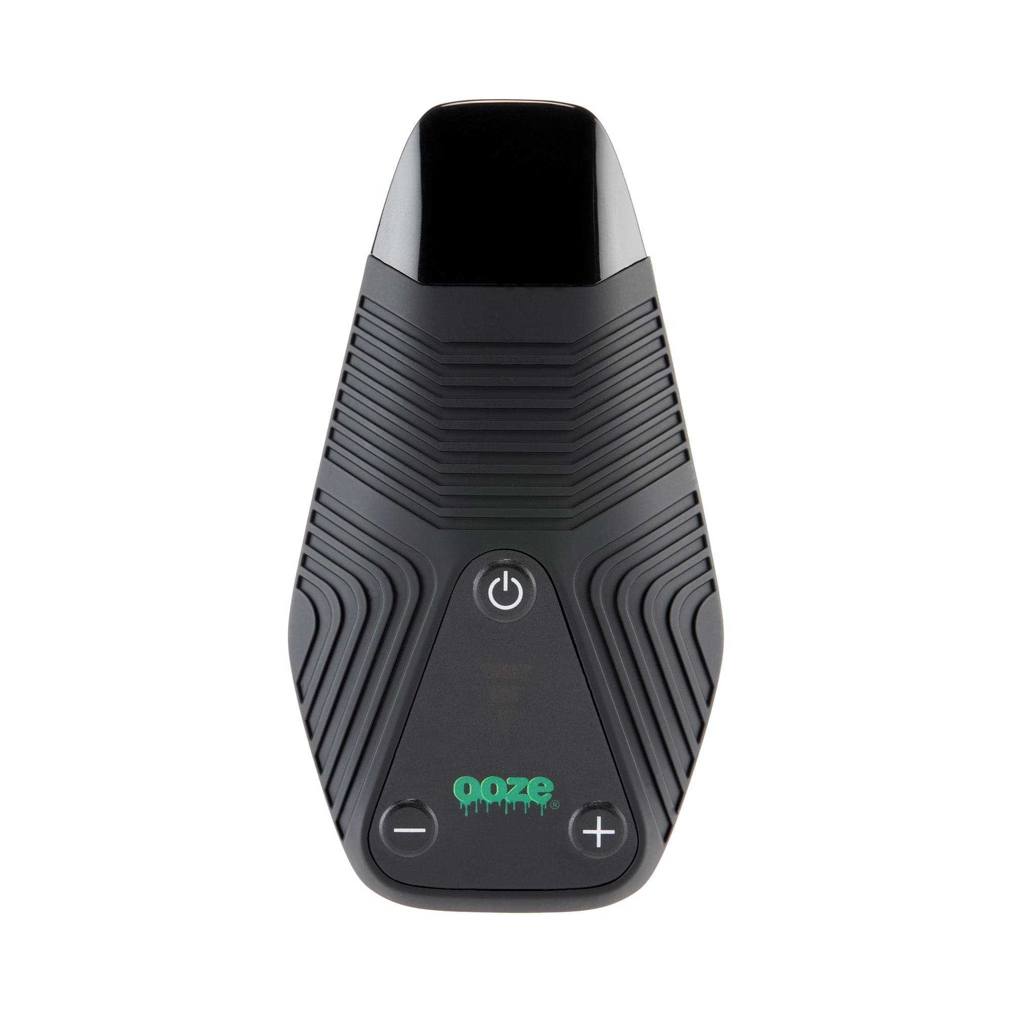Front view of the Ooze Brink Dry Herb Vaporizer – 1800 mAh C-Core, featuring a sleek black design and illuminated power button.
