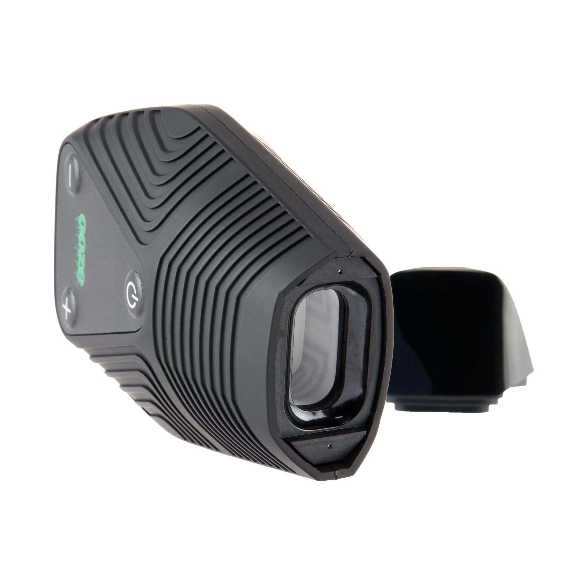 A three-quarter view of the Ooze Brink Dry Herb Vaporizer – 1800 mAh C-Core, showcasing its textured black casing and prominent button.