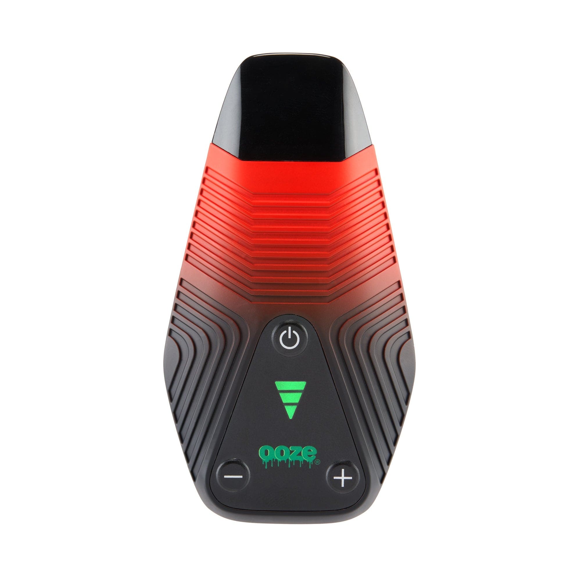 Front view of the Ooze Brink Dry Herb Vaporizer – 1800 mAh C-Core, showcasing a sleek, black design with illuminated controls.
