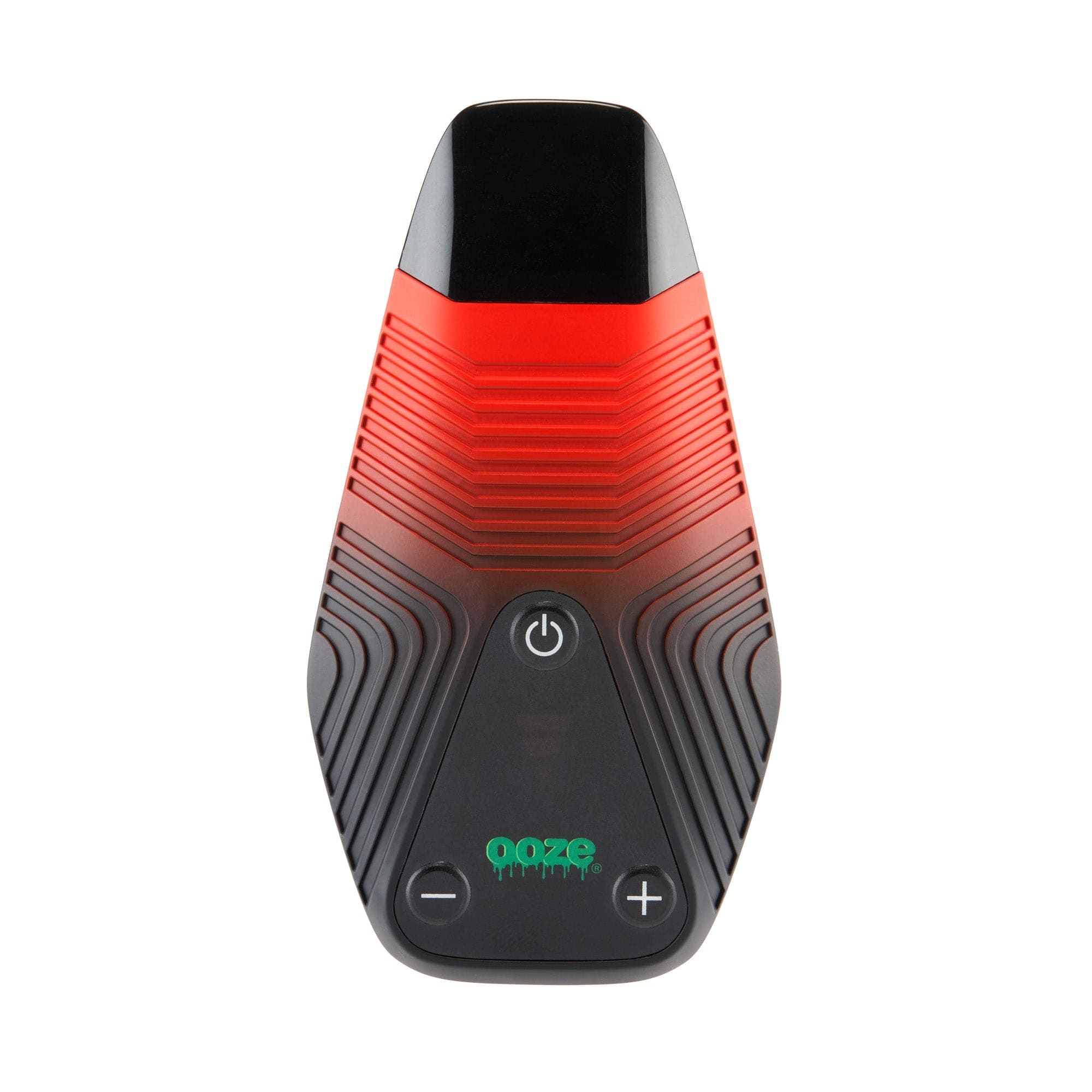 Front view of the Ooze Brink Dry Herb Vaporizer – 1800 mAh C-Core, showcasing its sleek, textured black design with a central power button.