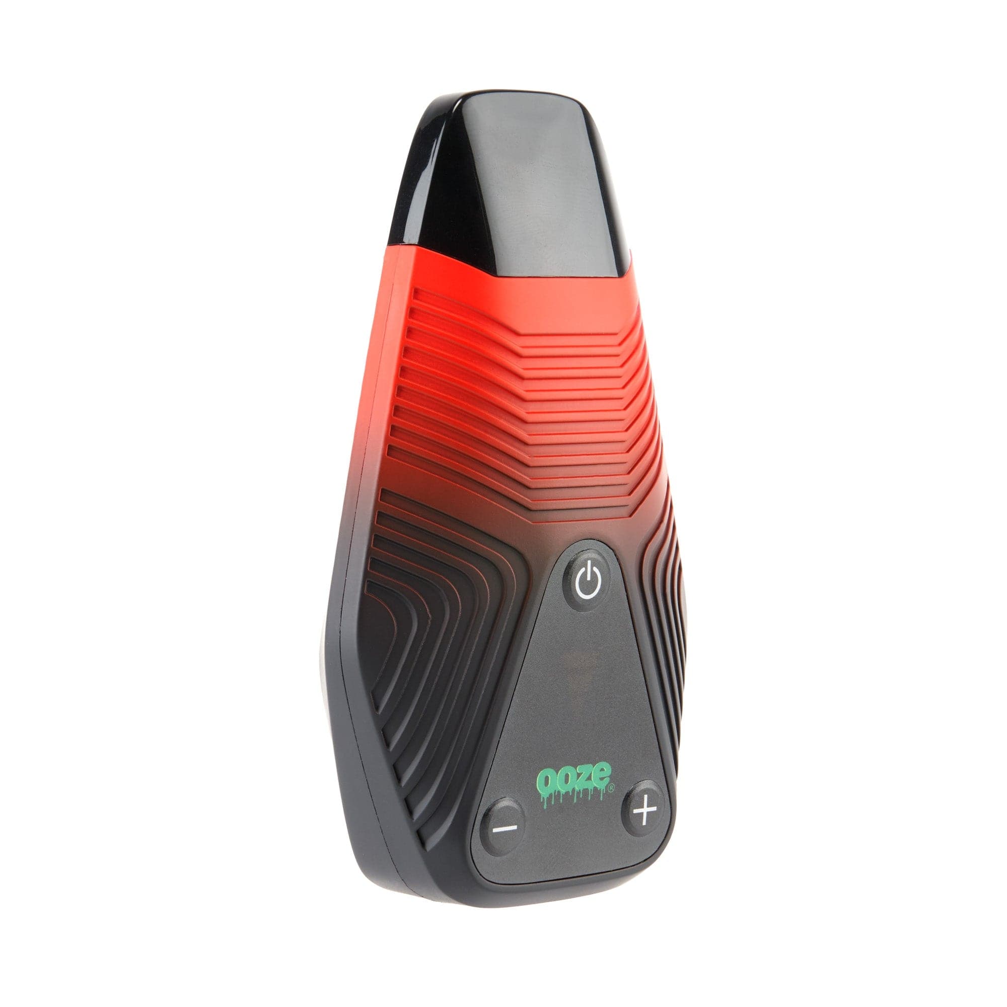 Front view of the Ooze Brink Dry Herb Vaporizer – 1800 mAh C-Core, a black handheld device with a sleek, angled design and a small illuminated button.