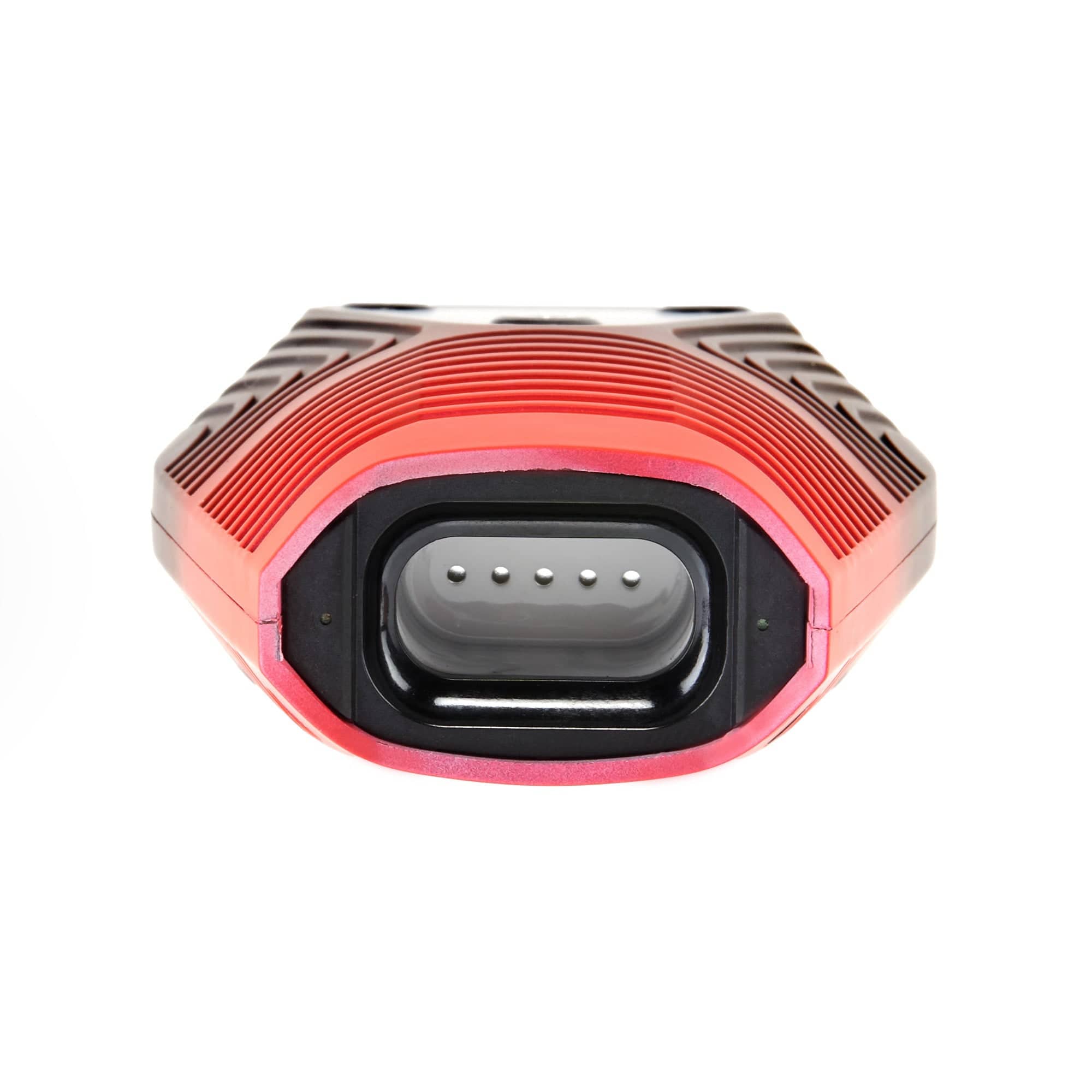 Close-up, top-down view of the Ooze Brink Dry Herb Vaporizer’s chamber, featuring a ribbed, metallic red design.