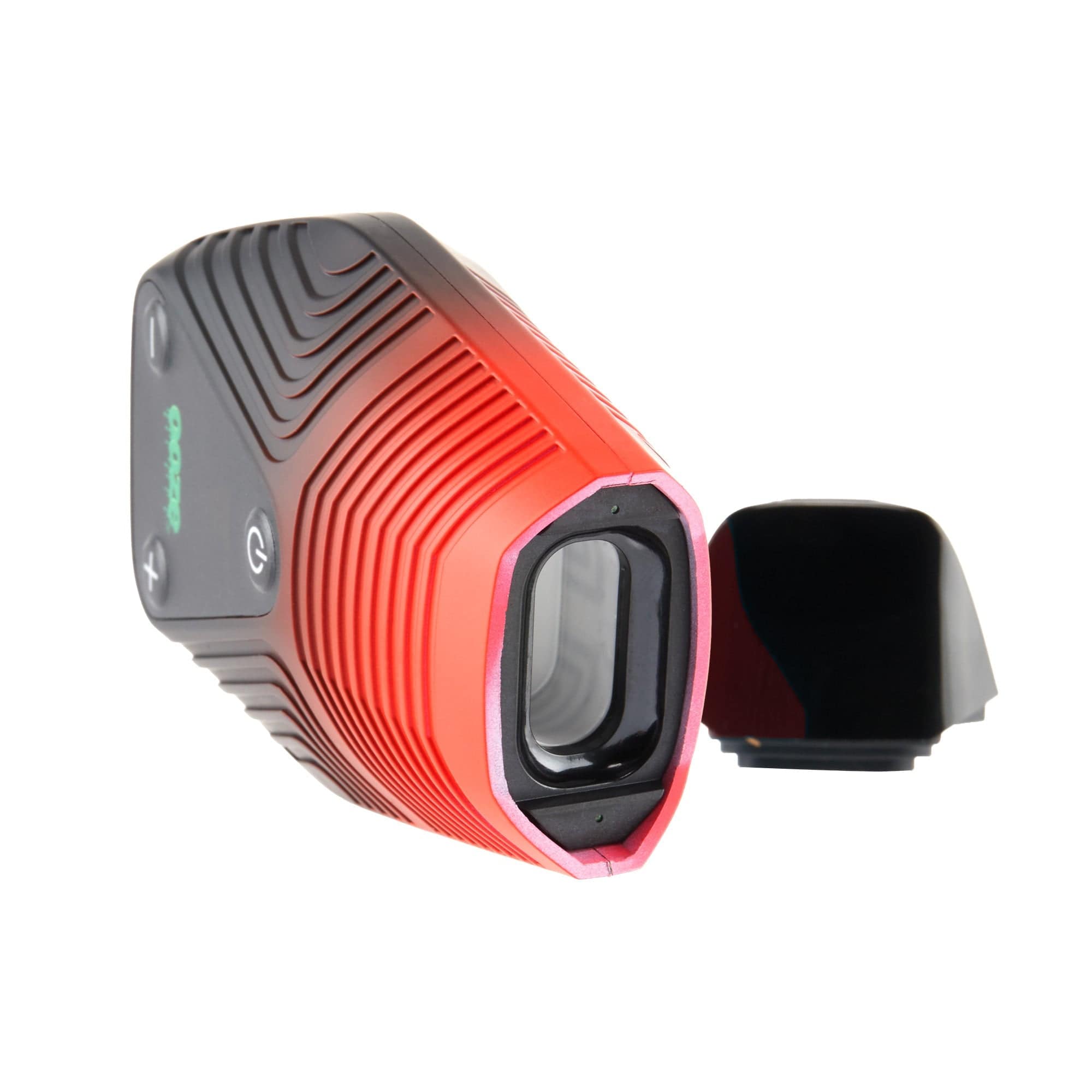 Close-up angled view of the open Ooze Brink Dry Herb Vaporizer, revealing the internal chamber and sleek, black design.