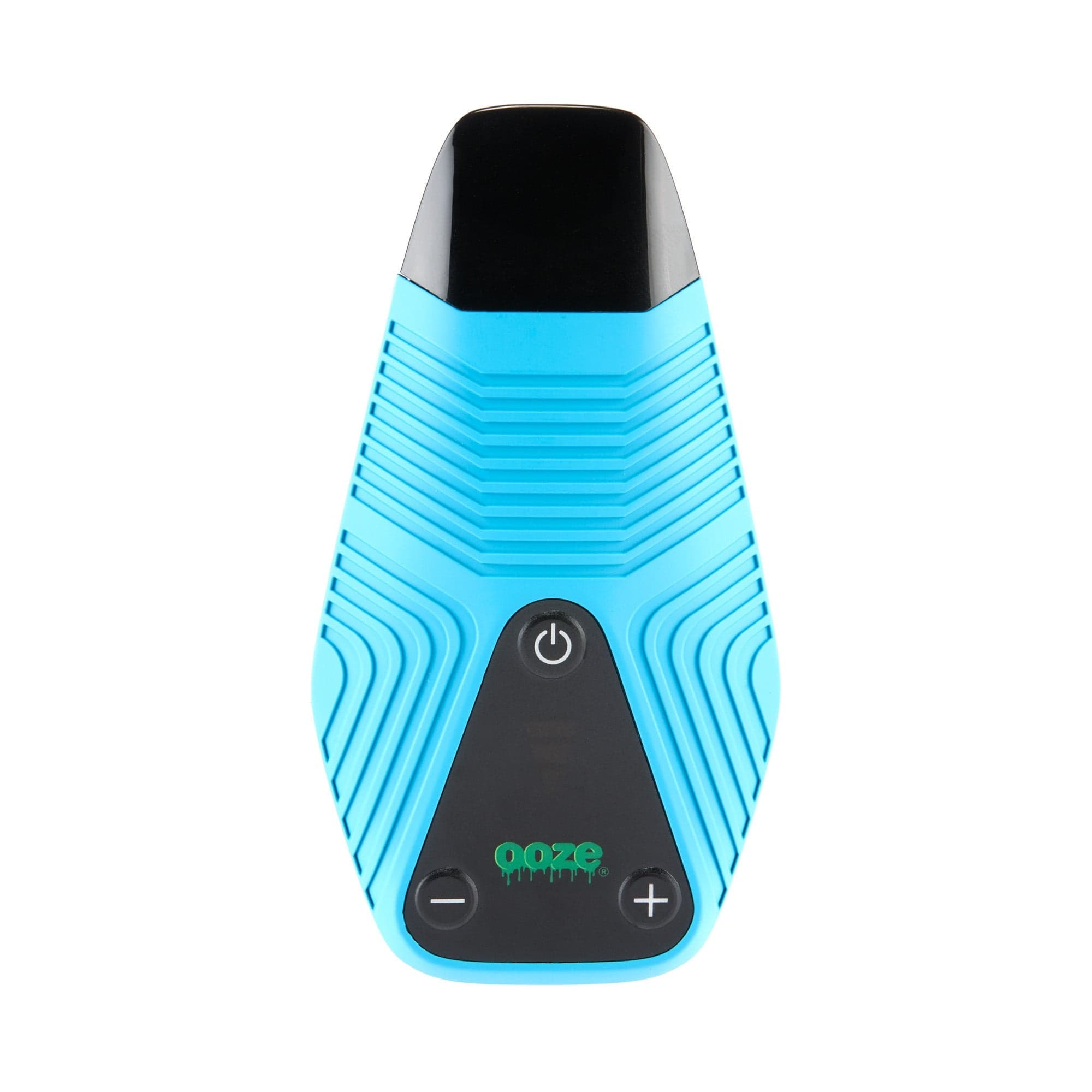 Front view of the Ooze Brink Dry Herb Vaporizer – 1800 mAh C-Core, showcasing its sleek blue design and angled, textured surface.