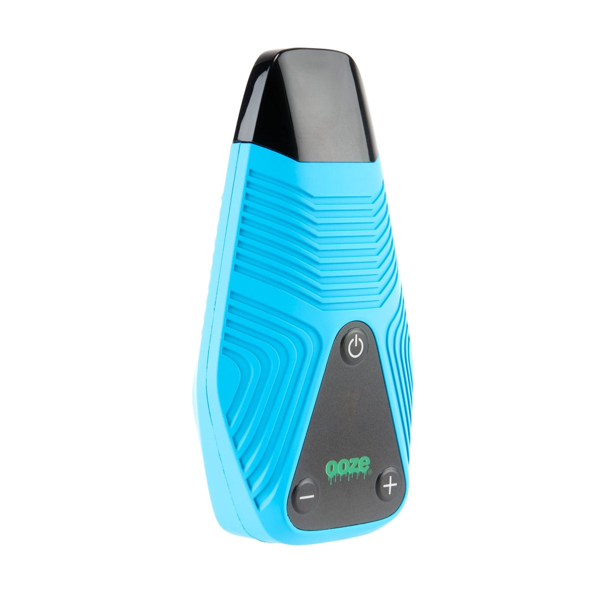 Front view of the Ooze Brink Dry Herb Vaporizer – 1800 mAh C-Core, a blue device with a textured grip and a small button on its face.