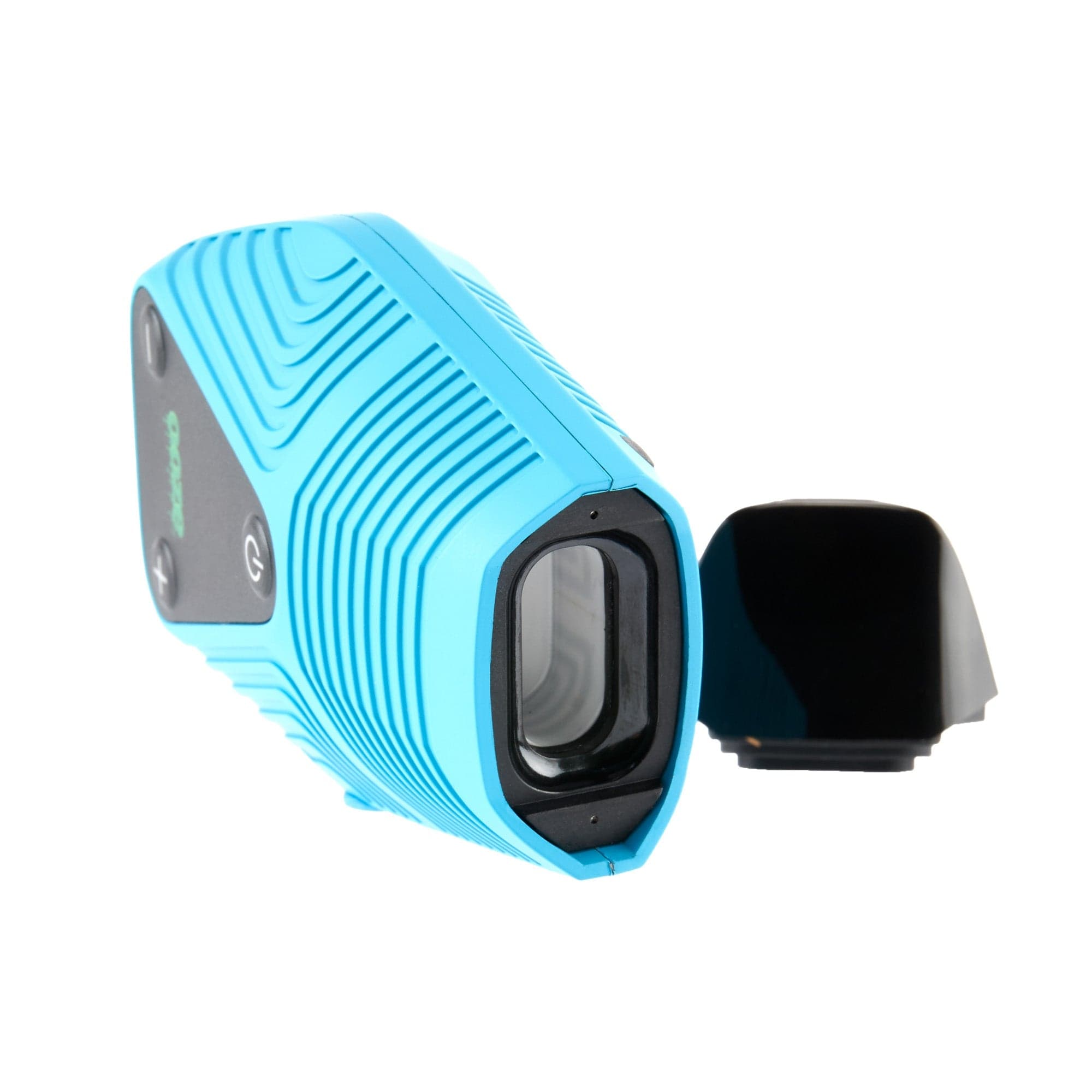 Close-up, angled view of the Ooze Brink Dry Herb Vaporizer, showcasing its open chamber and textured blue finish.