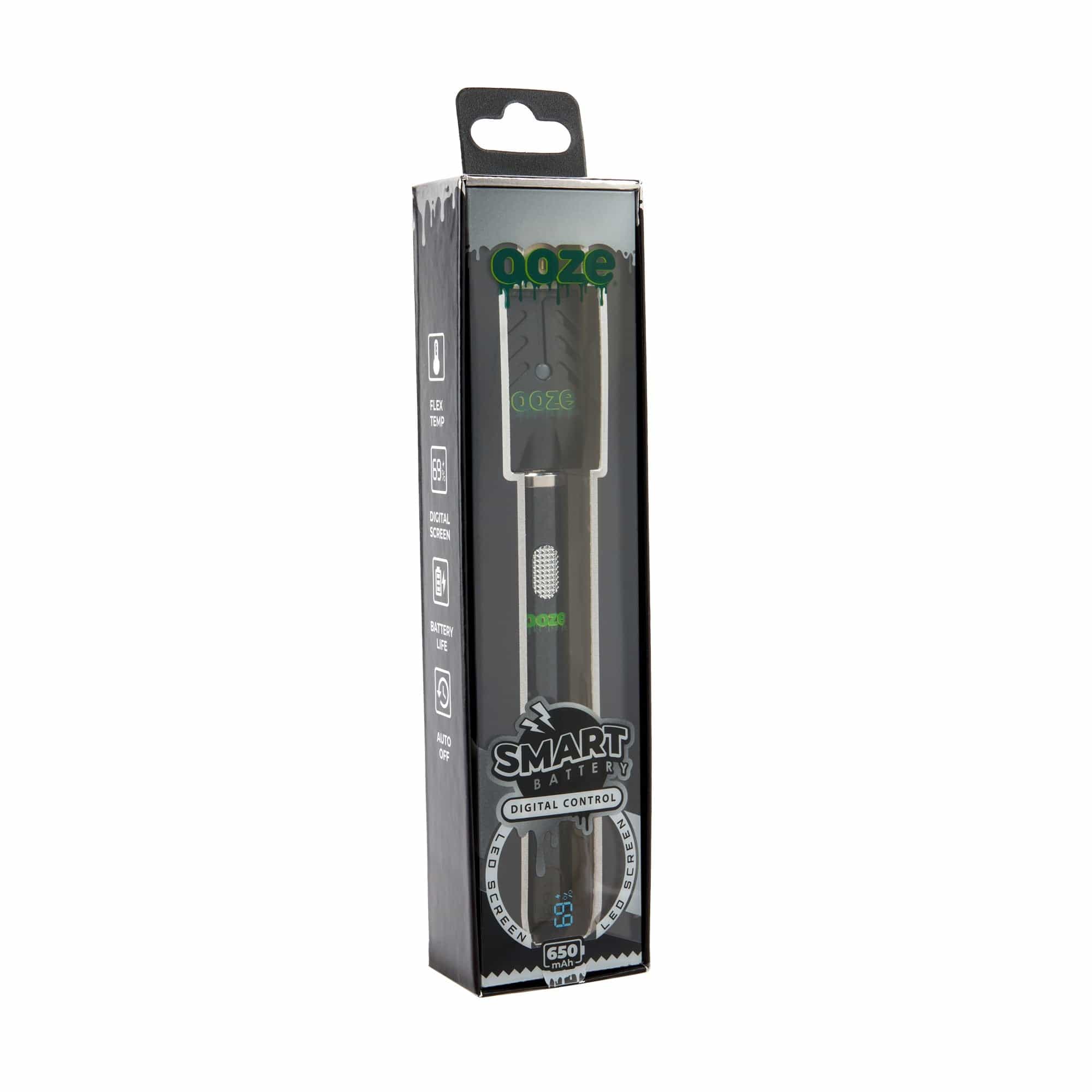 Front view of the Ooze Smart Battery - 650 mAh Vape Pen, displaying digital settings on a sleek, black cylindrical design.