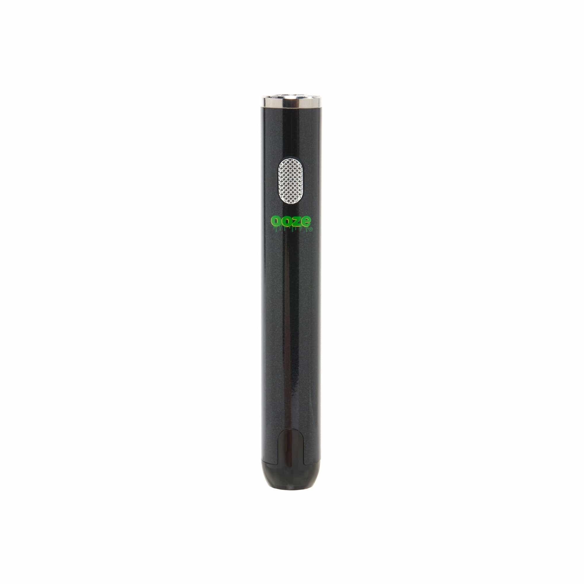A straight-on view of the black Ooze Smart Battery - 650 mAh Vape Pen, showing its sleek cylindrical shape and metallic button.