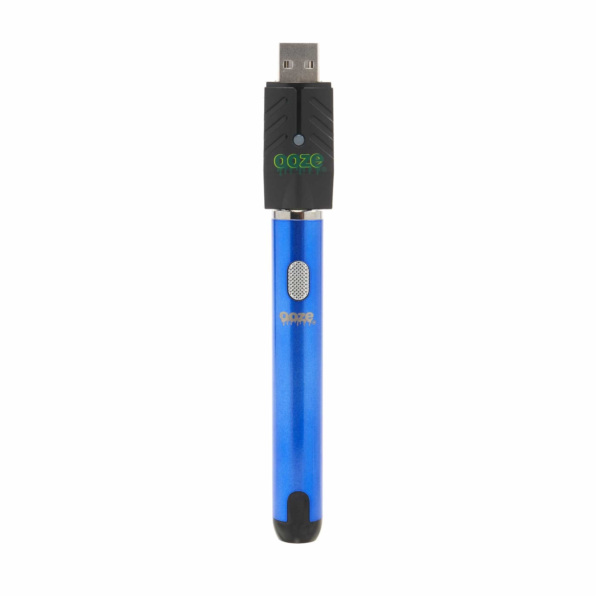 A close-up, angled view of the Ooze Smart Battery - 650 mAh Vape Pen with a metallic finish and sleek, modern design.
