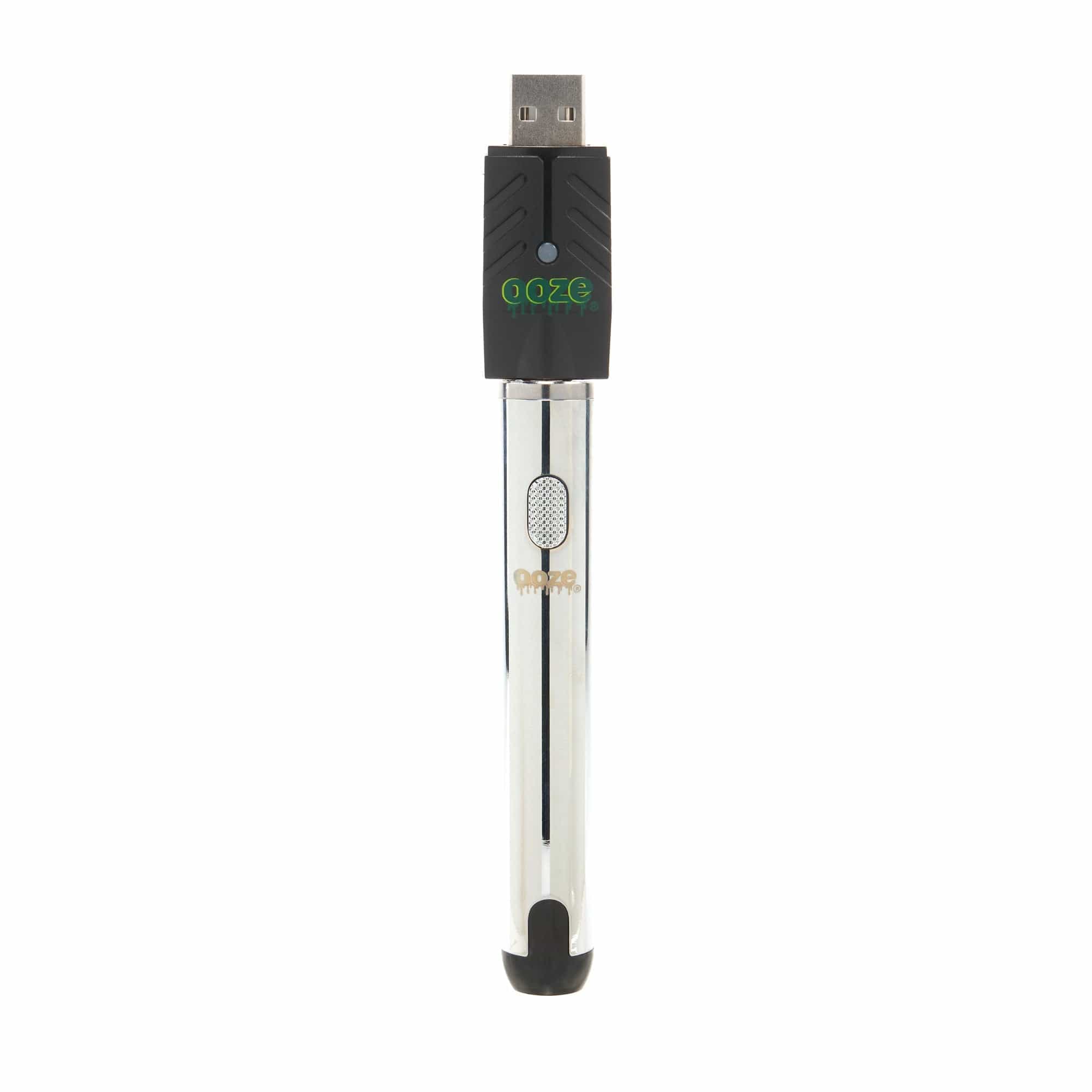 A straight-on view of the Ooze Smart Battery - 650 mAh Vape Pen, featuring a sleek, black metallic casing and clear viewing window.