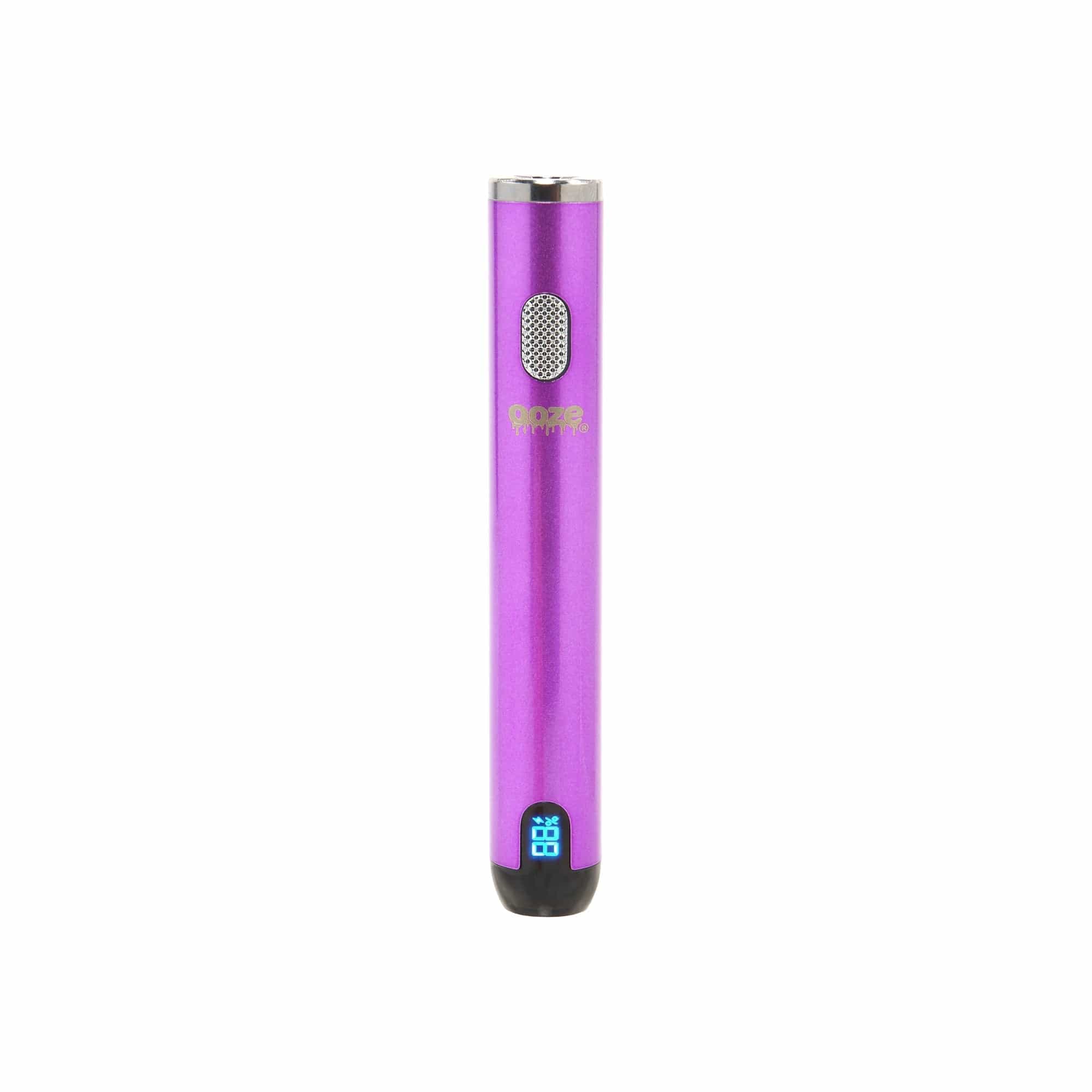 A close-up, angled view of the Ooze Smart Battery - 650 mAh Vape Pen, showing its sleek, cylindrical metallic finish.