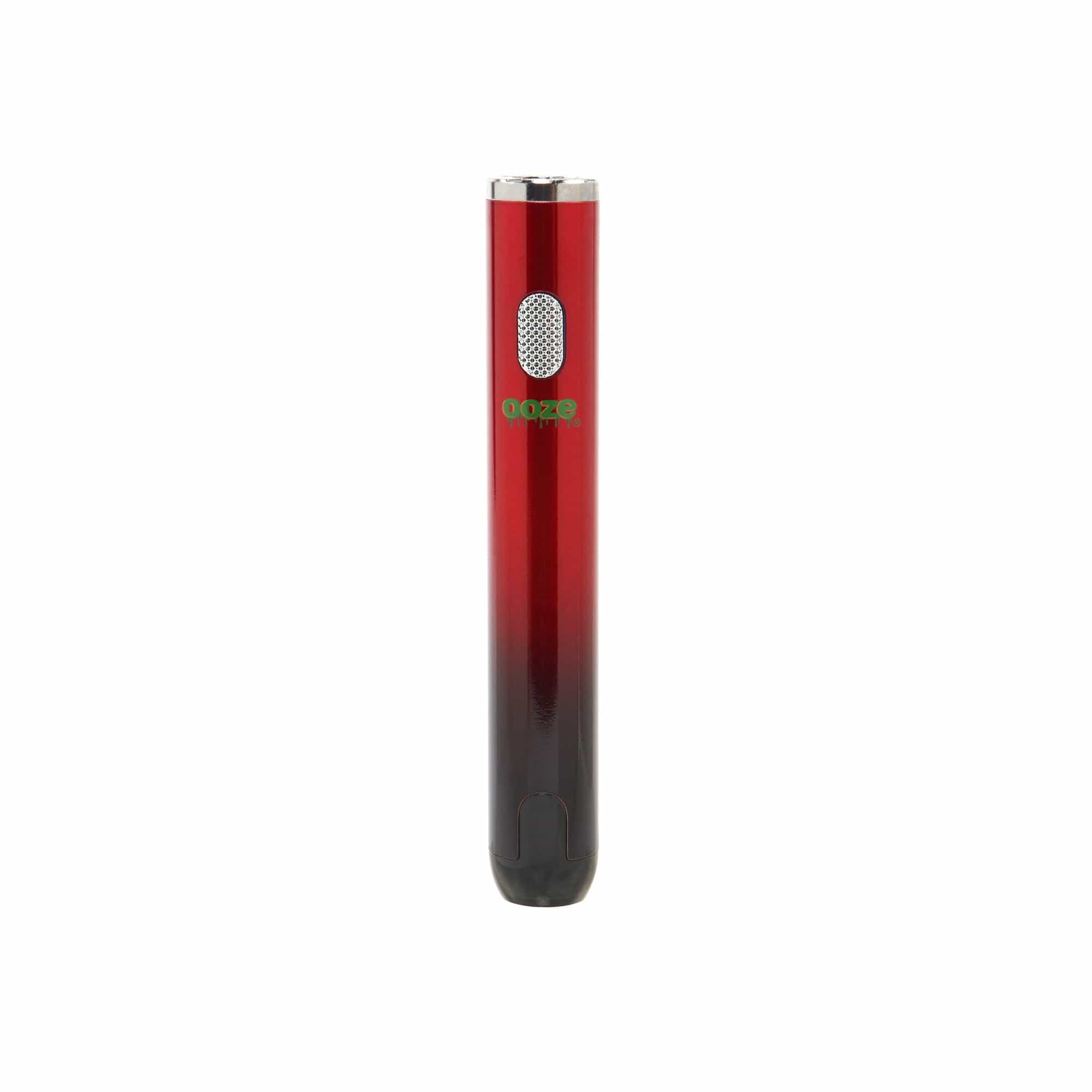 A close-up, angled view of the Ooze Smart Battery - 650 mAh Vape Pen, showcasing its sleek, cylindrical black design.