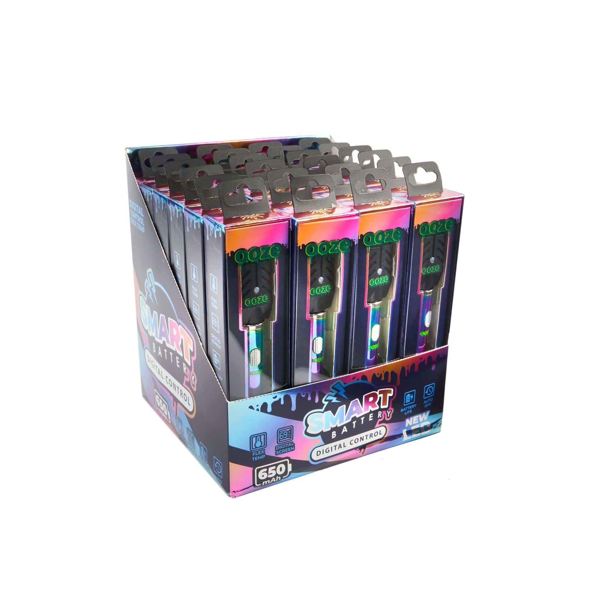 Front view of the Ooze Smart Battery - 650 mAh Vape Pen in its packaging, displaying the brand logo and product details.