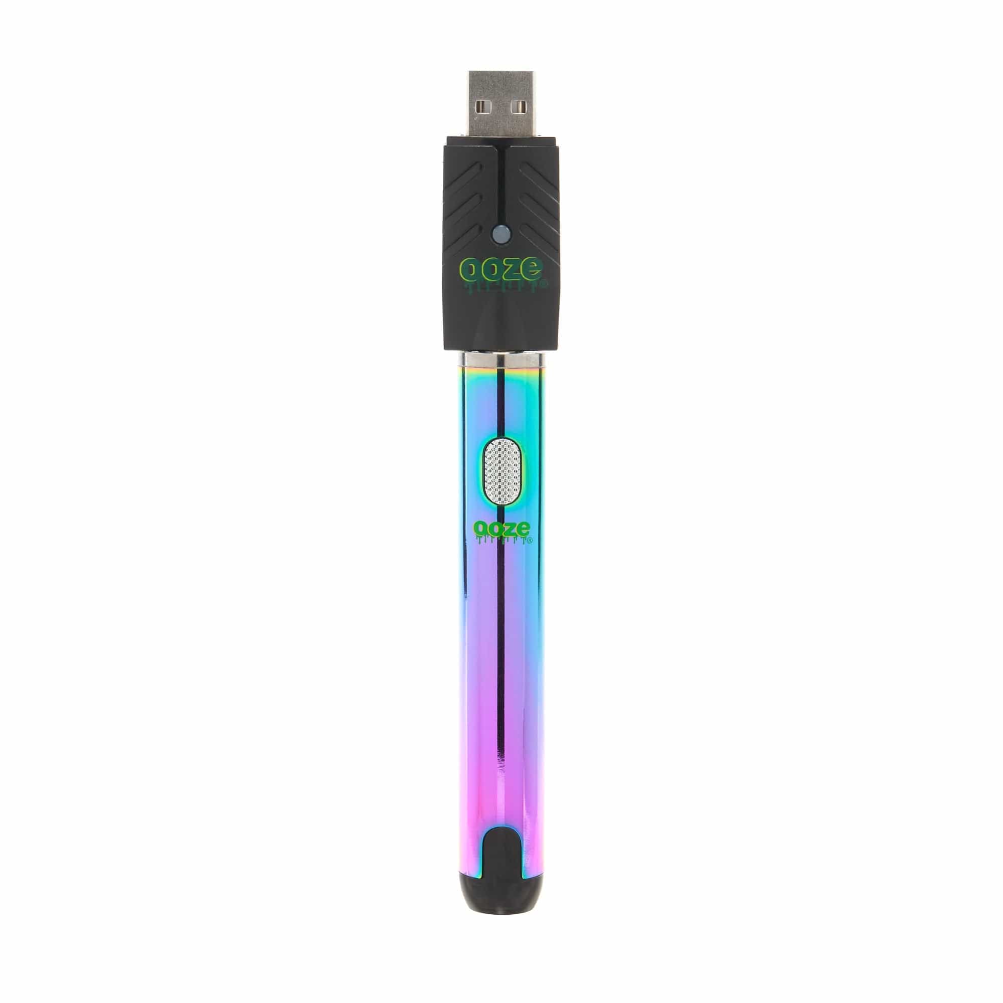 A close-up, angled view of the Ooze Smart Battery - 650 mAh Vape Pen, featuring a sleek, dark design with subtle metallic accents.