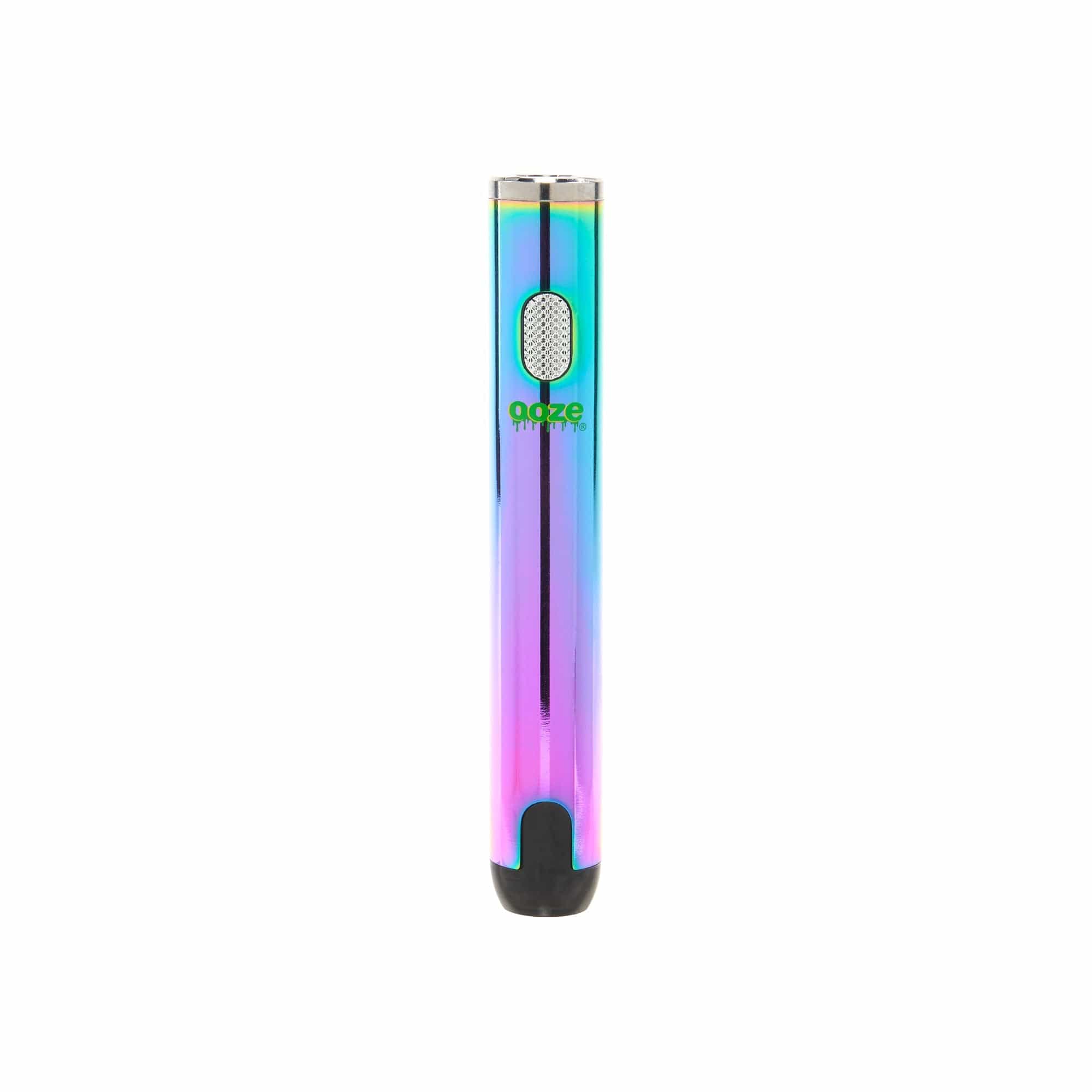A straight-on view of the Ooze Smart Battery - 650 mAh Vape Pen, displaying its sleek, cylindrical design with a metallic finish.