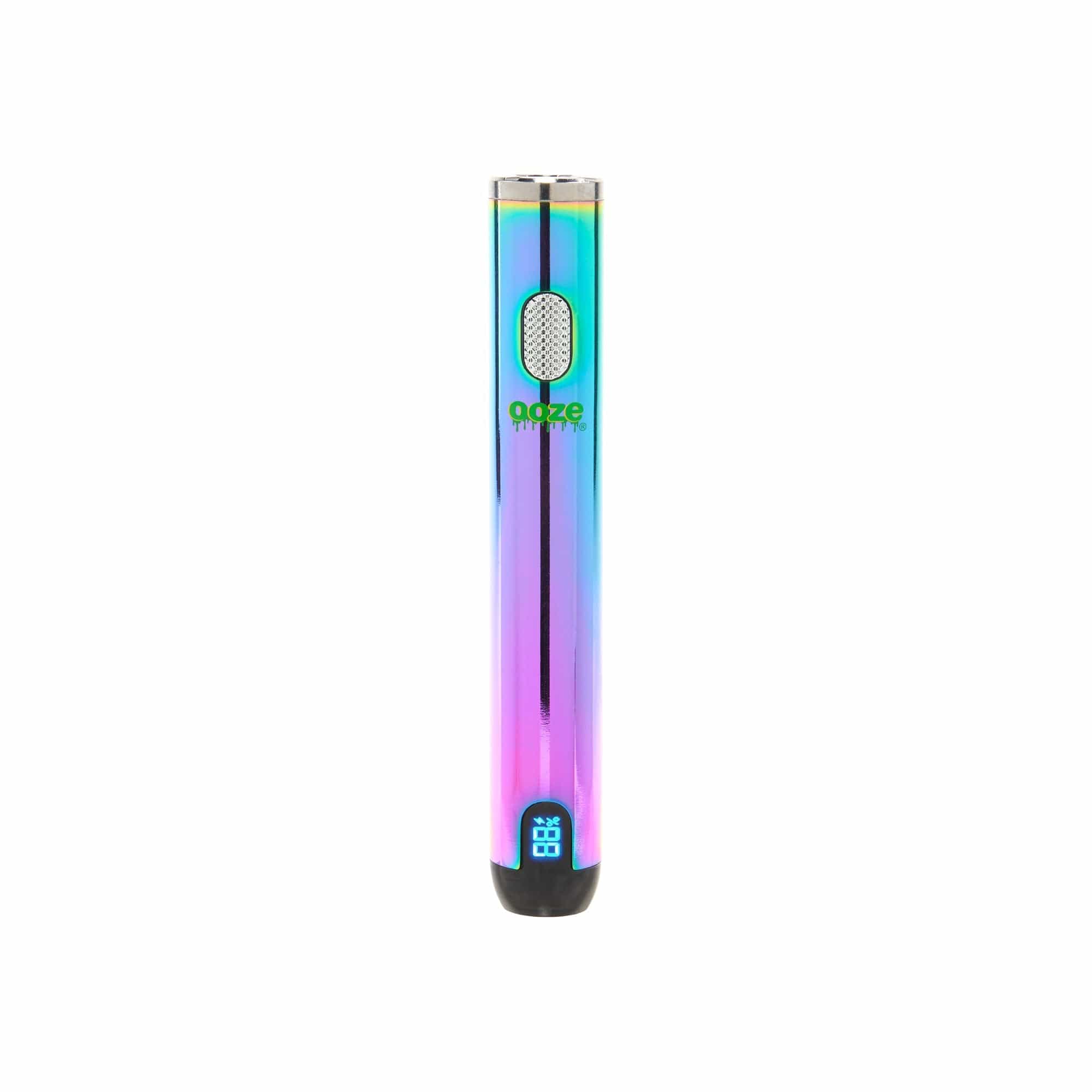 A straight-on view of the Ooze Smart Battery - 650 mAh Vape Pen, featuring a metallic finish and sleek cylindrical shape.