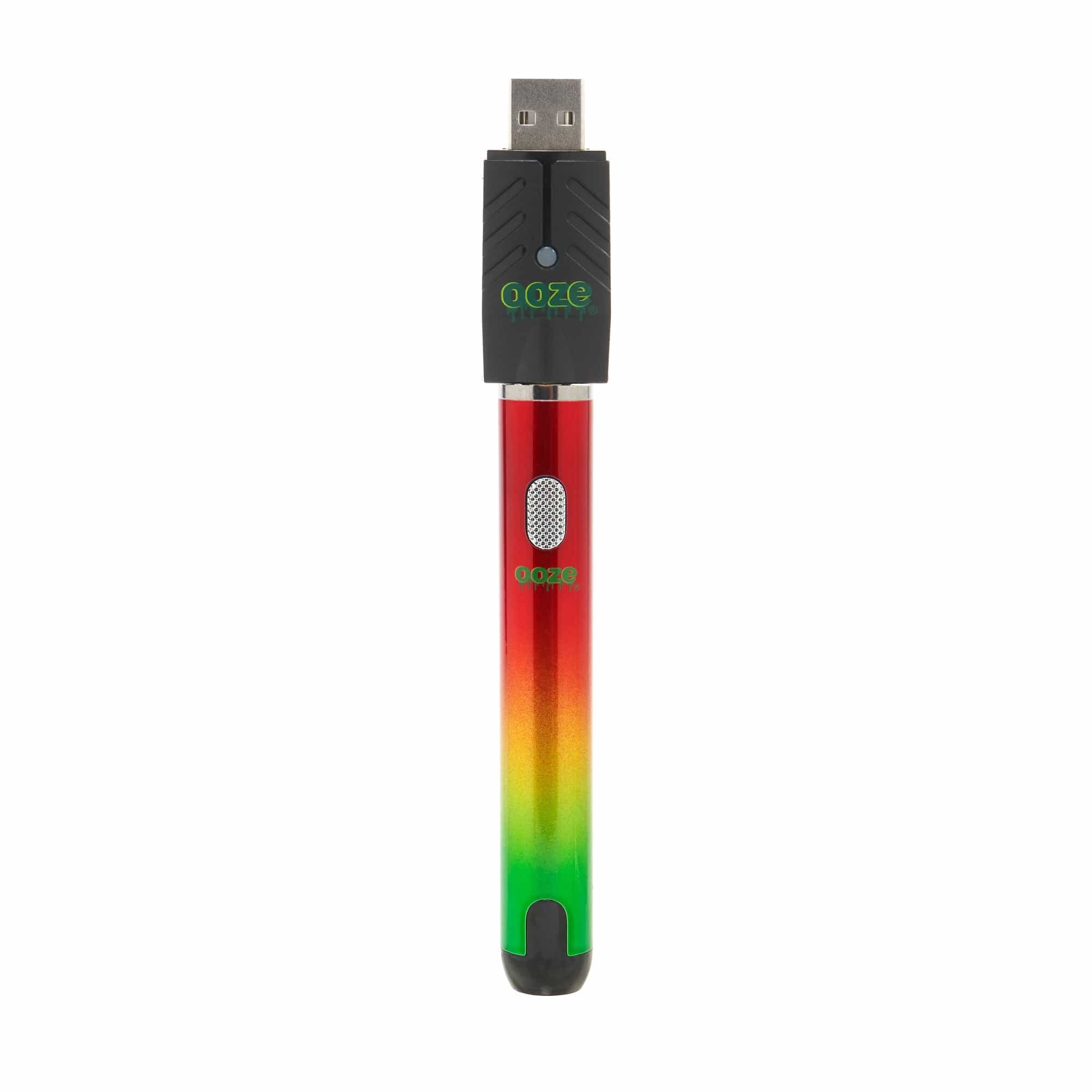A sleek, front view of the Ooze Smart Battery - 650 mAh Vape Pen, showing its black finish and compact cylindrical shape.