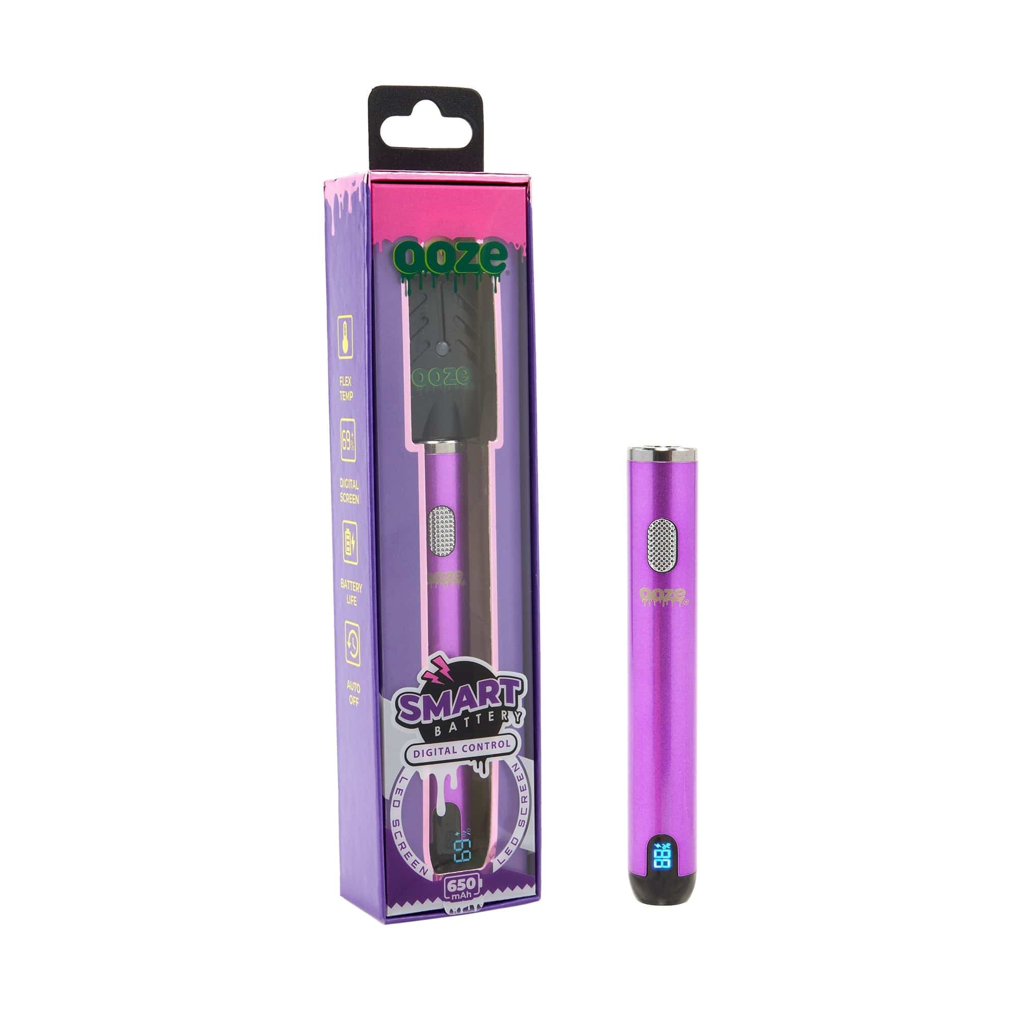 Front view of the Ooze Smart Battery - 650 mAh Vape Pen, displaying a sleek black design with a digital screen.