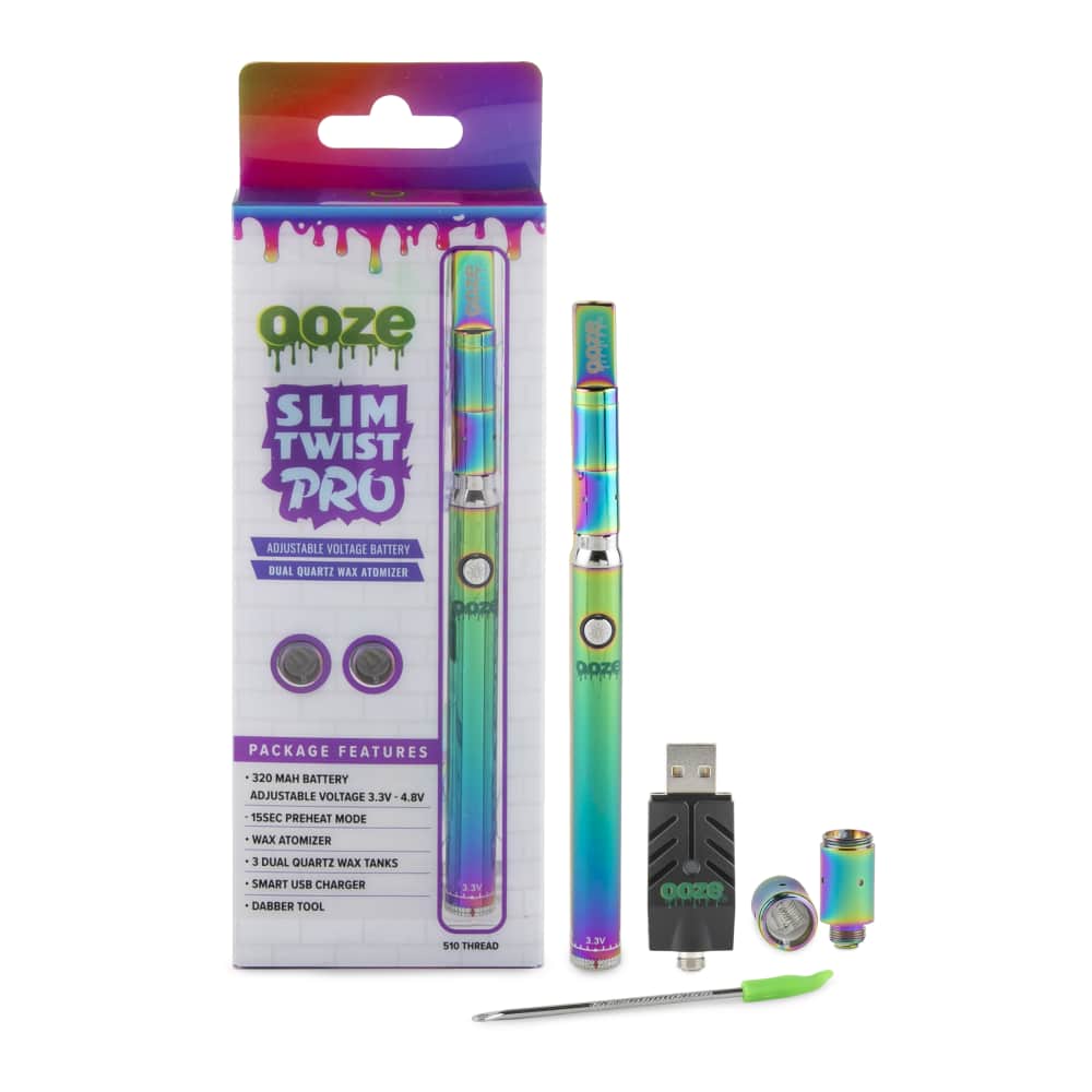 A slightly angled view of the Slim Twist Pro CBD Vape Battery against a vibrant, colorful background with text details.