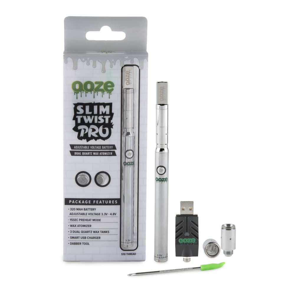 Front view of the Slim Twist Pro CBD Vape Battery, showing its sleek, silver finish and packaging details in a studio lighting setup.