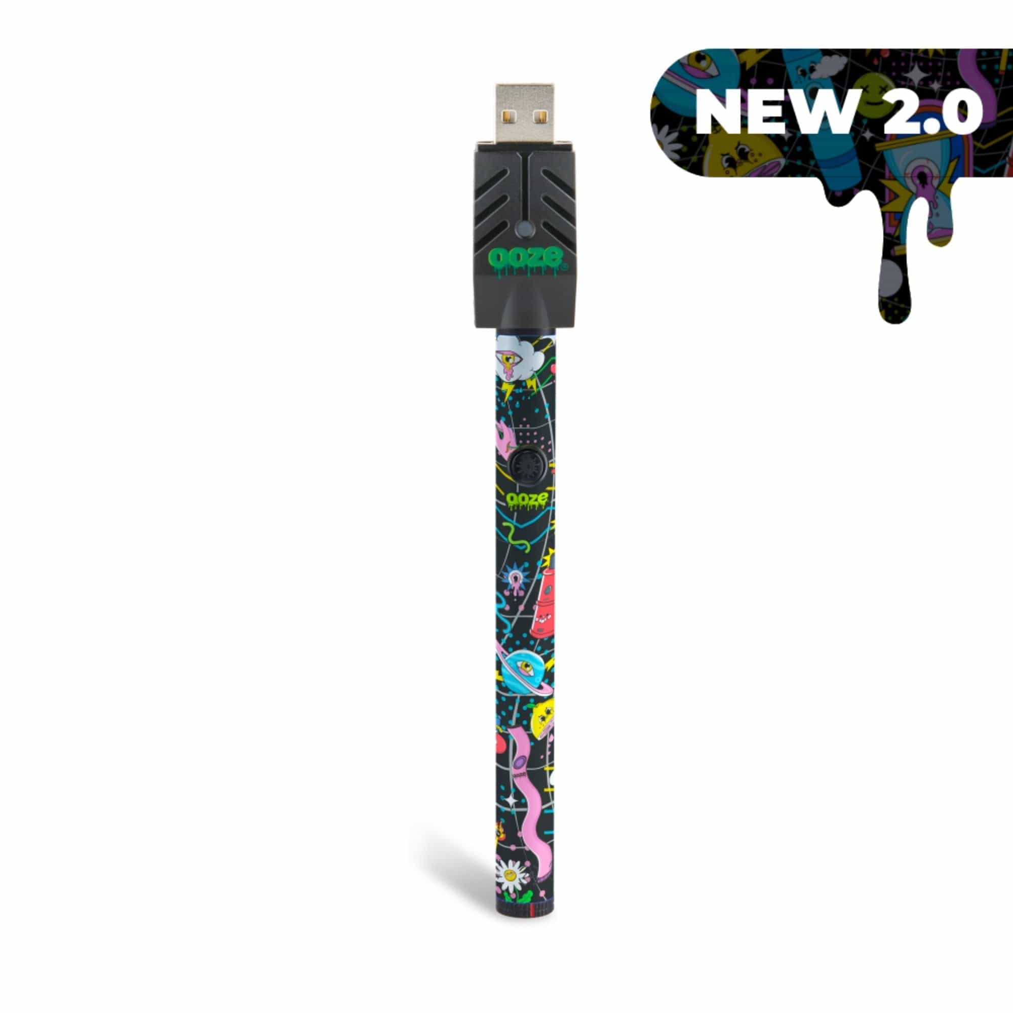 A straight-on view of the Twist Slim Pen 2.0 510 Thread Vaporizer Battery with a colorful, patterned exterior.