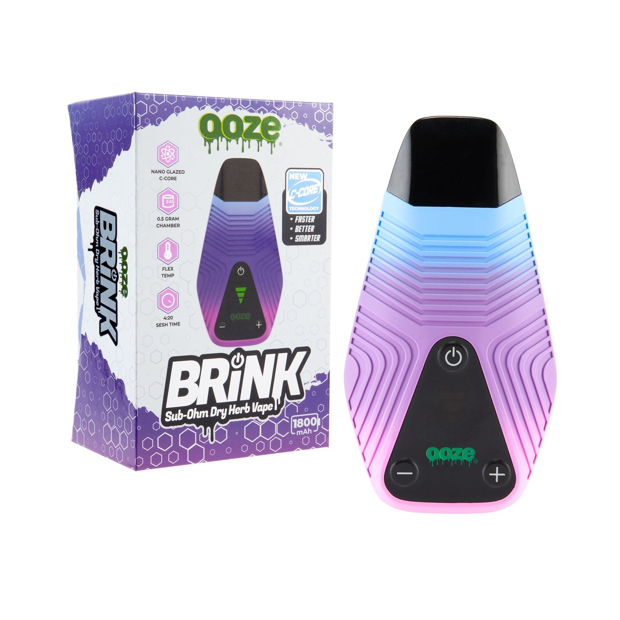Front view of the Ooze Brink Dry Herb Vaporizer – 1800 mAh C-Core, showing its digital display and textured purple finish.