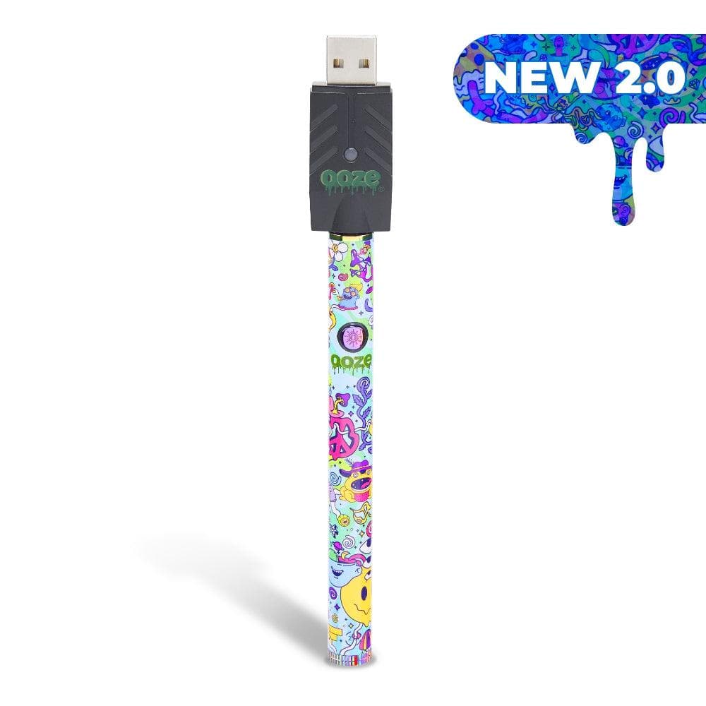 A sleek, front view of the Twist Slim Pen 2.0 510 Thread Vaporizer Battery, showcasing its colorful, patterned design.