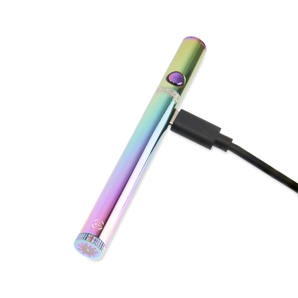 A diagonal, close-up view of the Twist Slim Pen 2.0 510 Thread Vaporizer Battery with a USB charging cable connected.