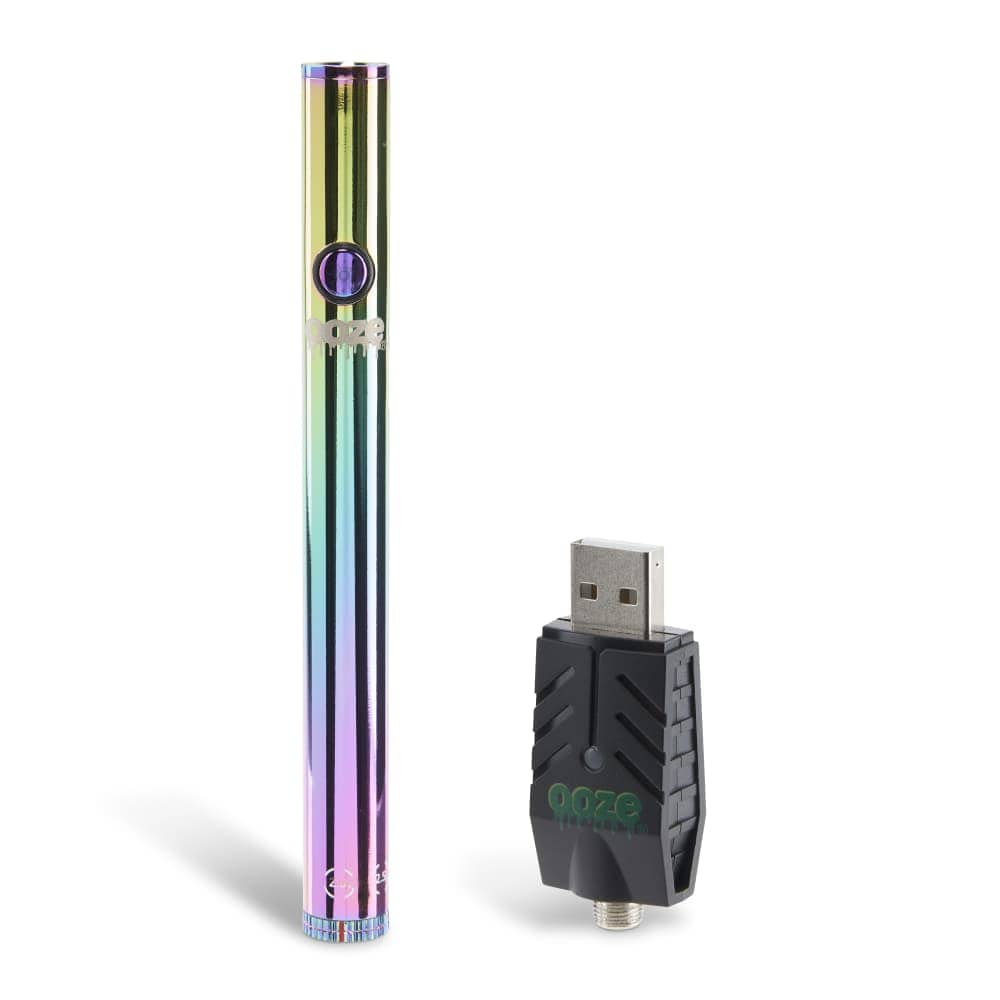 A close-up of the Twist Slim Pen 2.0 510 Thread Vaporizer Battery, showing its metallic, multicolored finish and USB charging port.