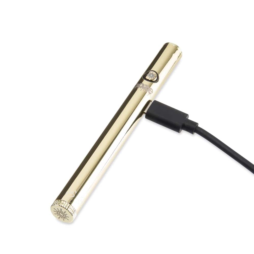 A close-up, angled view of the Twist Slim Pen 2.0 510 Thread Vaporizer Battery, displaying its sleek, metallic finish.