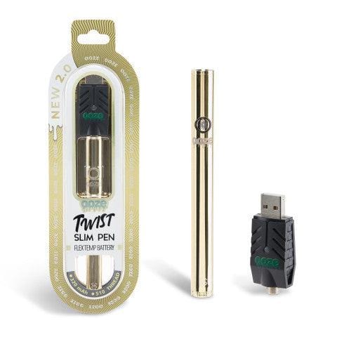 Front view of the Twist Slim Pen 2.0 510 Thread Vaporizer Battery, encased in branded packaging and angled slightly against a white backdrop.