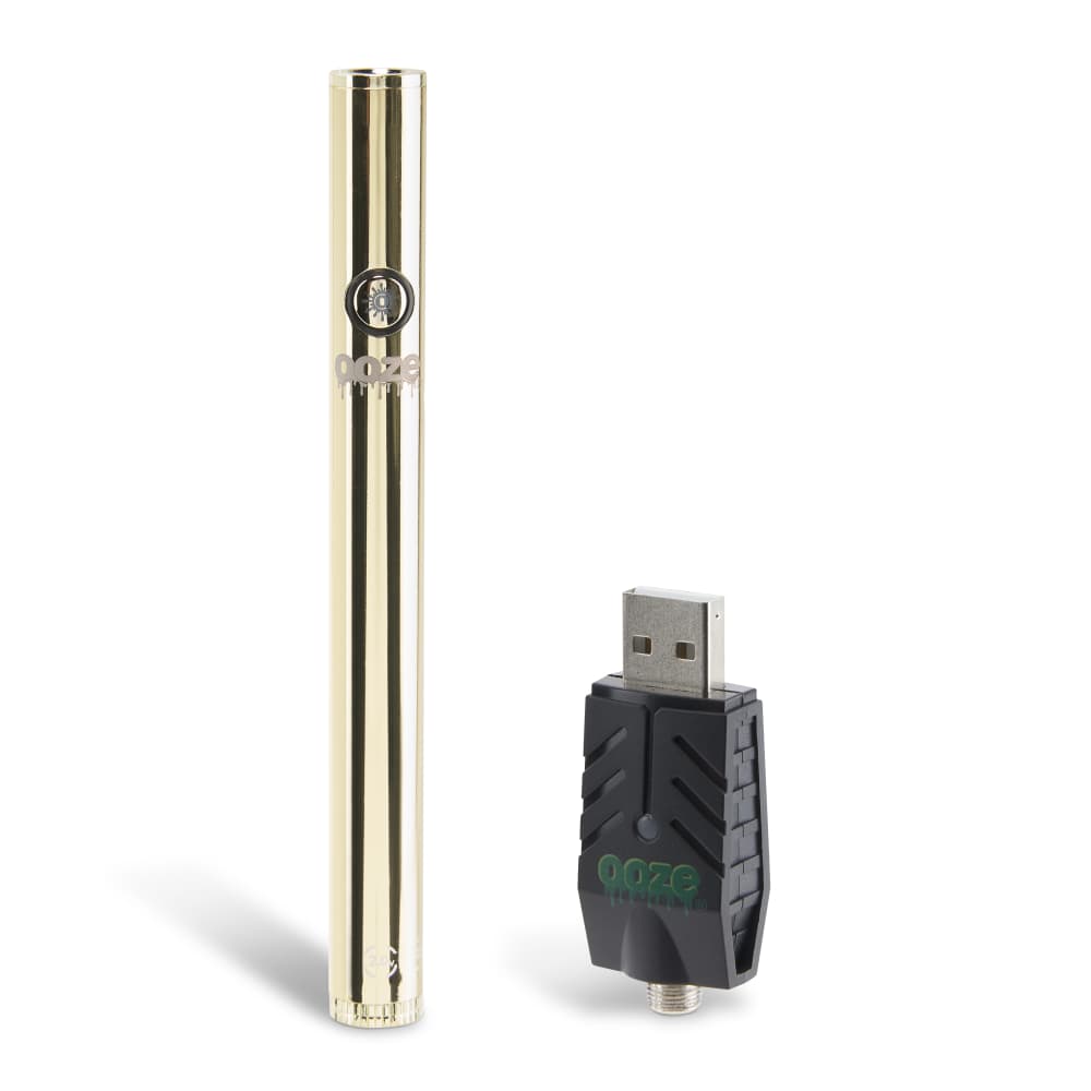 A close-up, angled view of the Twist Slim Pen 2.0 510 Thread Vaporizer Battery, showcasing its metallic finish and USB charging port.