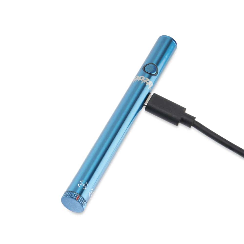 A slightly angled close-up of the Twist Slim Pen 2.0 510 Thread Vaporizer Battery, showing its sleek, pen-like form and charging cable.