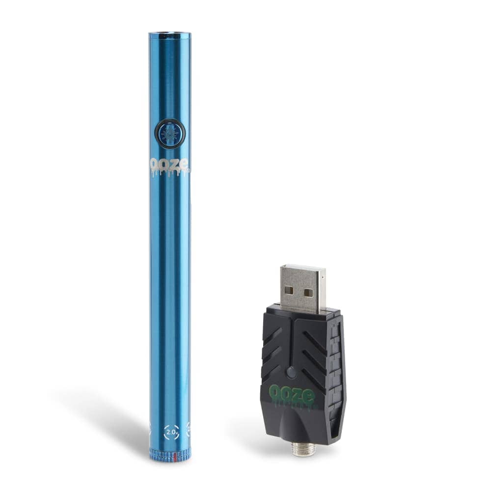 Close-up of the Twist Slim Pen 2.0 510 Thread Vaporizer Battery, showing the silver connector and sleek, blue pen-style design.