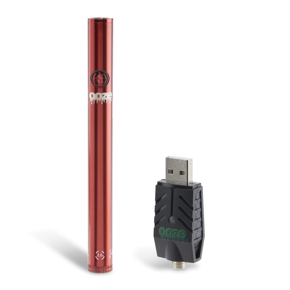 A close-up, angled view of the Twist Slim Pen 2.0 510 Thread Vaporizer Battery with a metallic finish and USB connector.