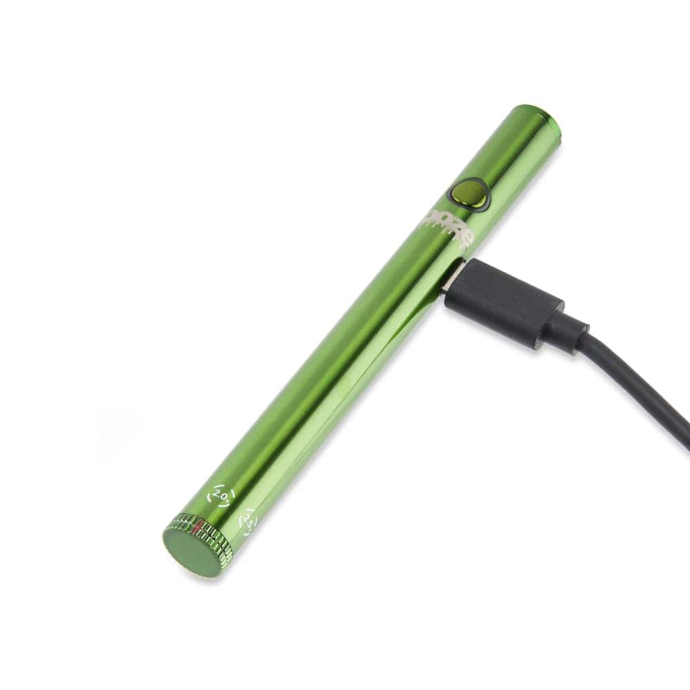 A diagonally angled view of the Twist Slim Pen 2.0 510 Thread Vaporizer Battery, showing its sleek, pen-like form and charging cable.