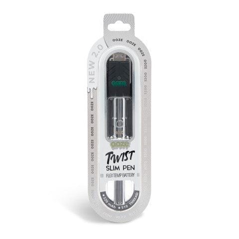 Front view of the Twist Slim Pen 2.0 510 Thread Vaporizer Battery packaged on a white card with the product name listed.