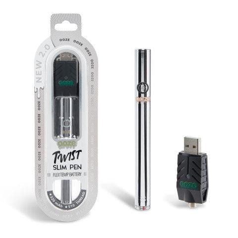 Front view of the Twist Slim Pen 2.0 510 Thread Vaporizer Battery, displayed in packaging against a white backdrop.