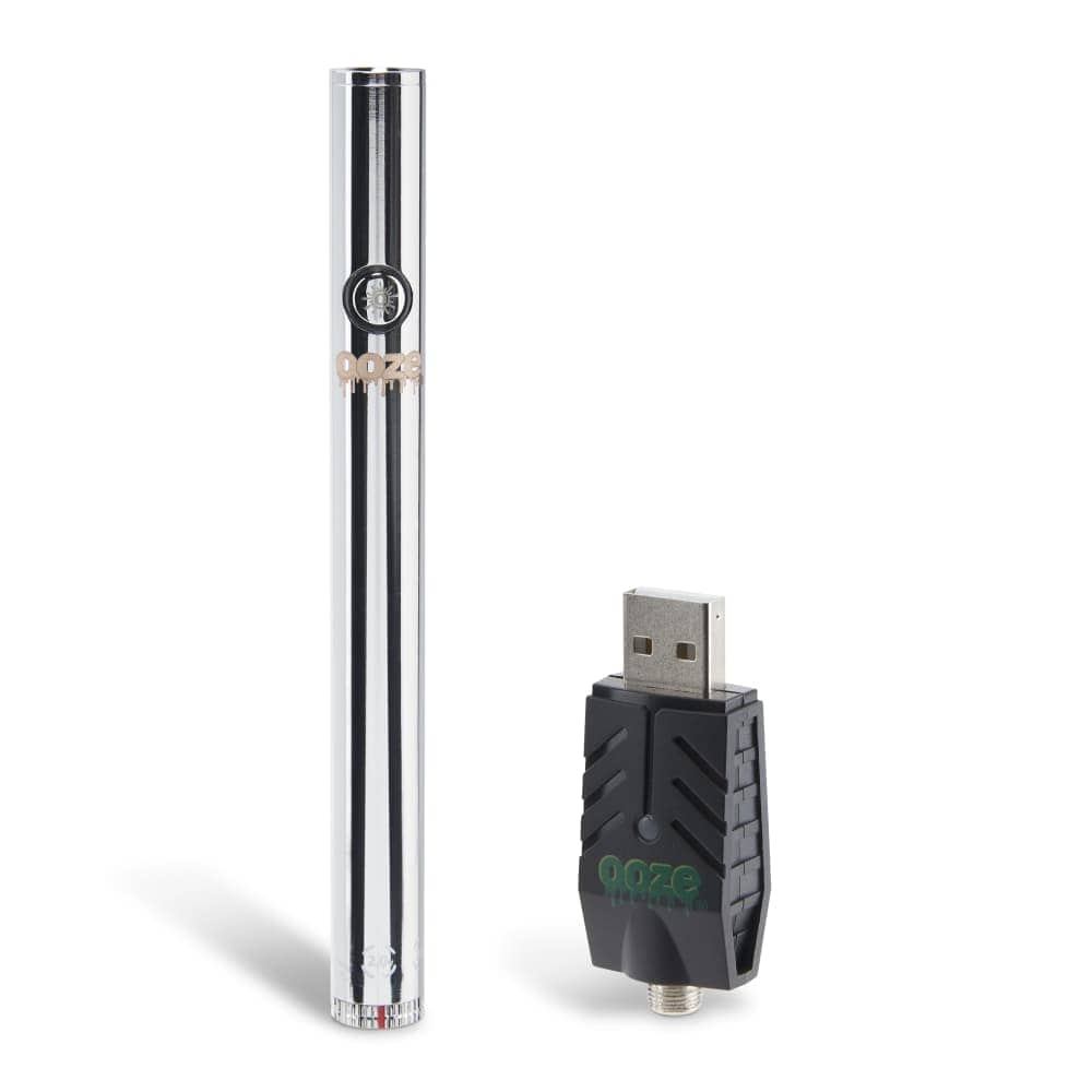 A close-up, side view of the Twist Slim Pen 2.0 510 Thread Vaporizer Battery, showing its metallic silver finish and USB charging port.