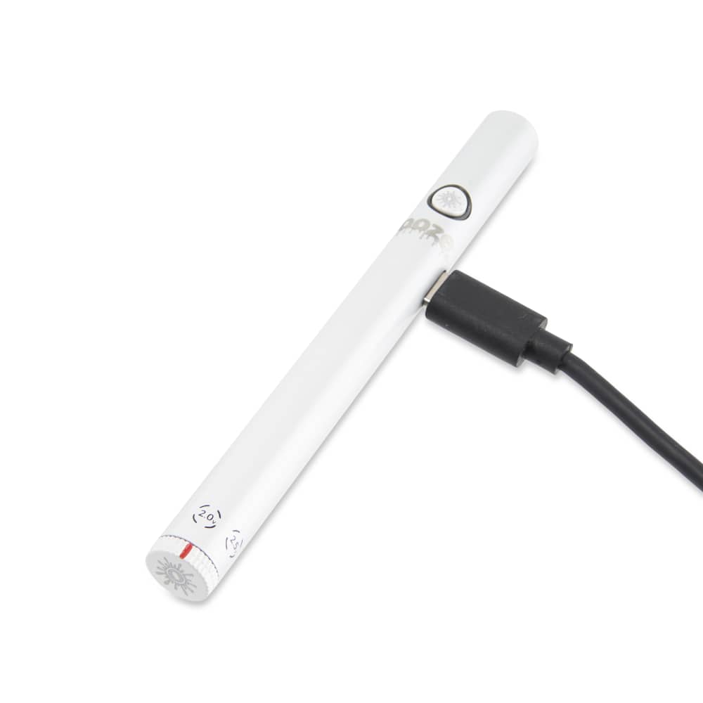 Close-up angled view of the Twist Slim Pen 2.0 510 Thread Vaporizer Battery, showing its slim, metallic finish and charging port.