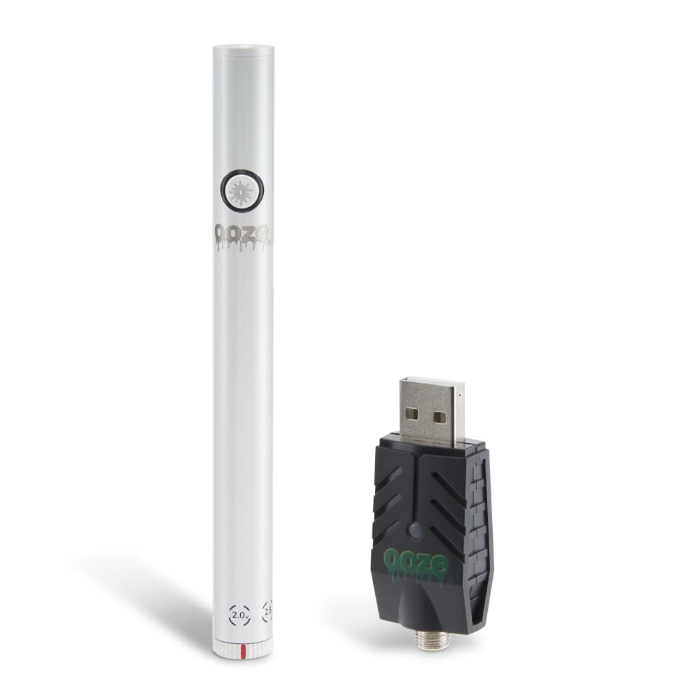 A close-up of the Twist Slim Pen 2.0 510 Thread Vaporizer Battery, showing the silver metallic casing and USB connector.