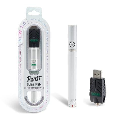 A front view of the Twist Slim Pen 2.0 510 Thread Vaporizer Battery, a silver-toned cylindrical device with visible threading.