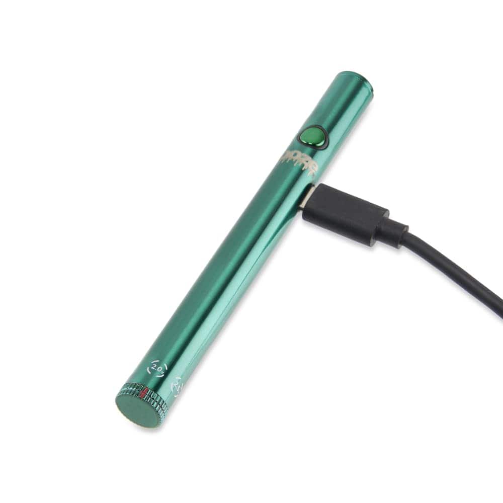 A close-up view of the Twist Slim Pen 2.0 510 Thread Vaporizer Battery with a black charging cable connected to the end.