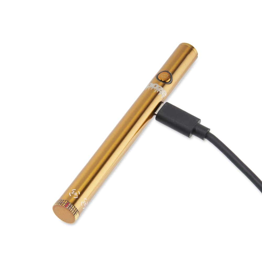 A slightly angled close-up of the Twist Slim Pen 2.0 510 Thread Vaporizer Battery, showing its metallic finish and USB charging port.