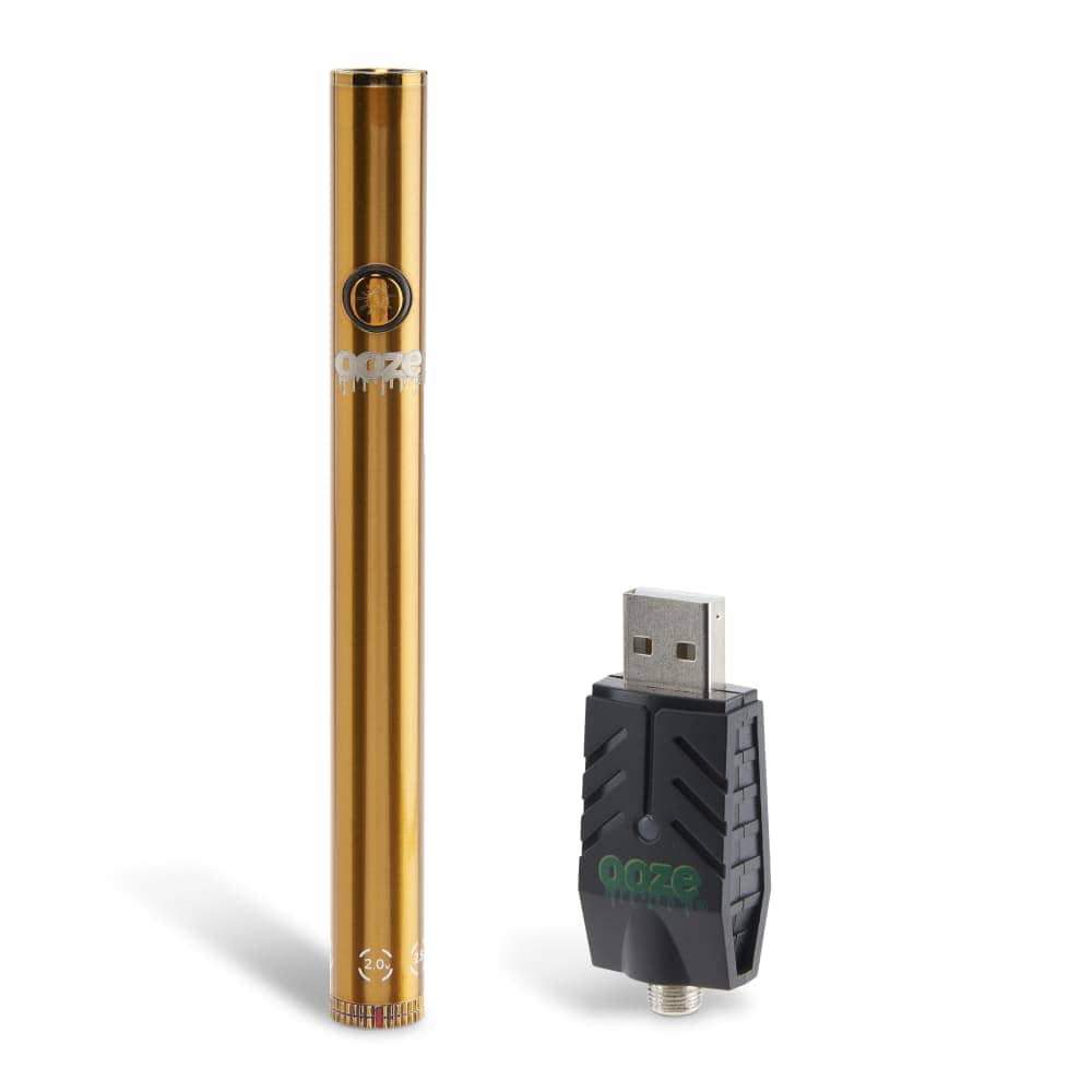 A close-up, angled view of the Twist Slim Pen 2.0 510 Thread Vaporizer Battery with a silver connector and black USB port.
