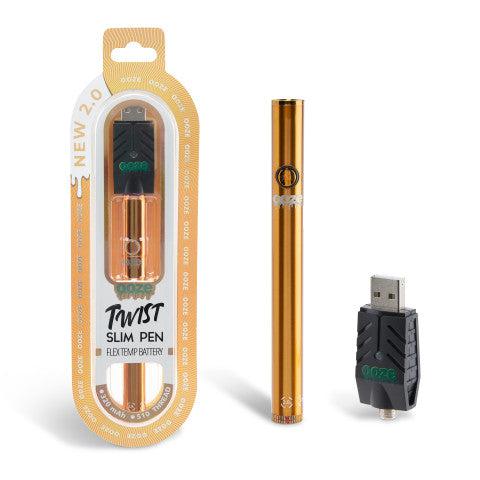 Front view of the Twist Slim Pen 2.0 510 Thread Vaporizer Battery in its packaging, highlighted by a slight angle and a clean, white backdrop.
