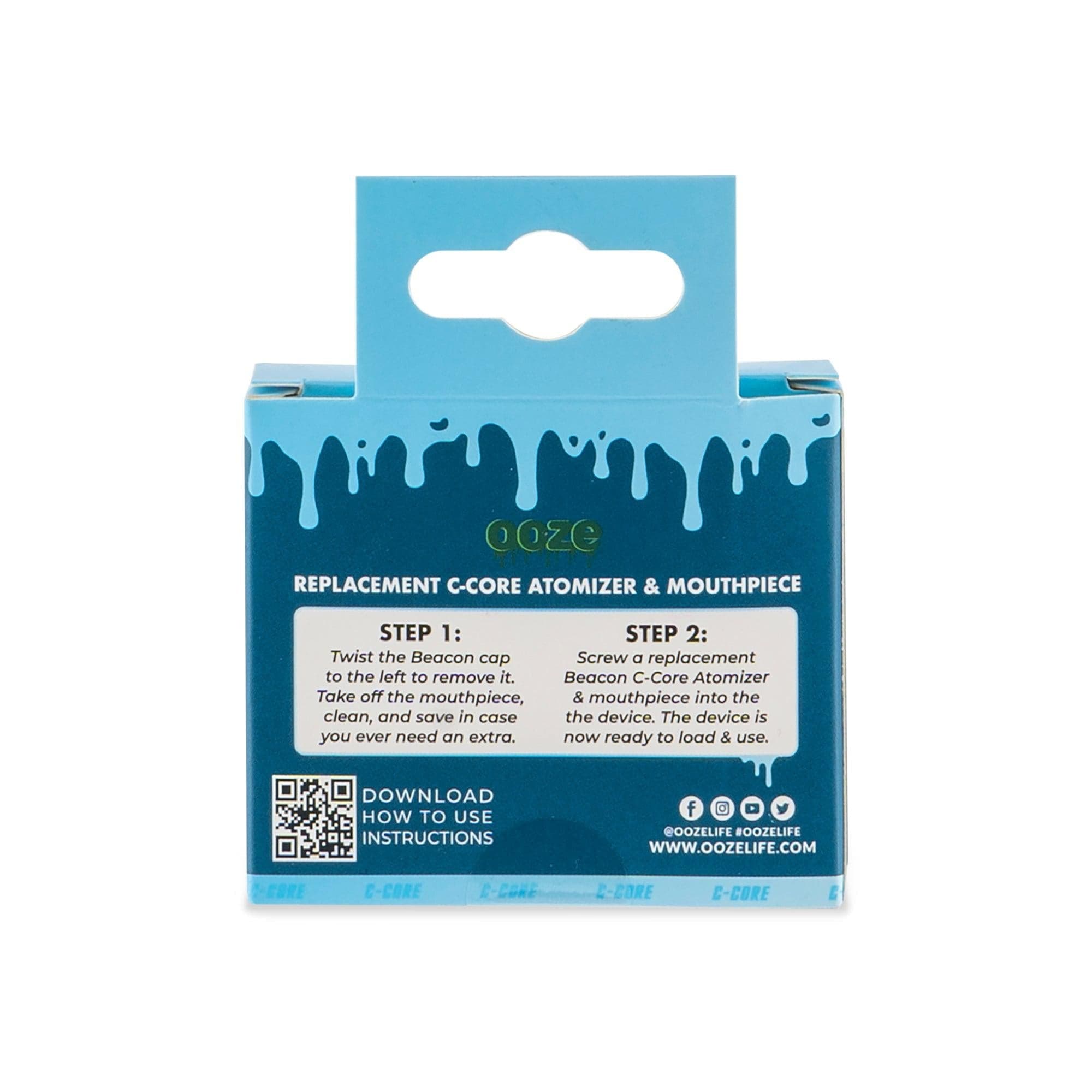 A diagram illustrates steps for replacing parts on the Beacon Onyx Atomizer & Mouthpiece, showing close-ups of the device’s connections.