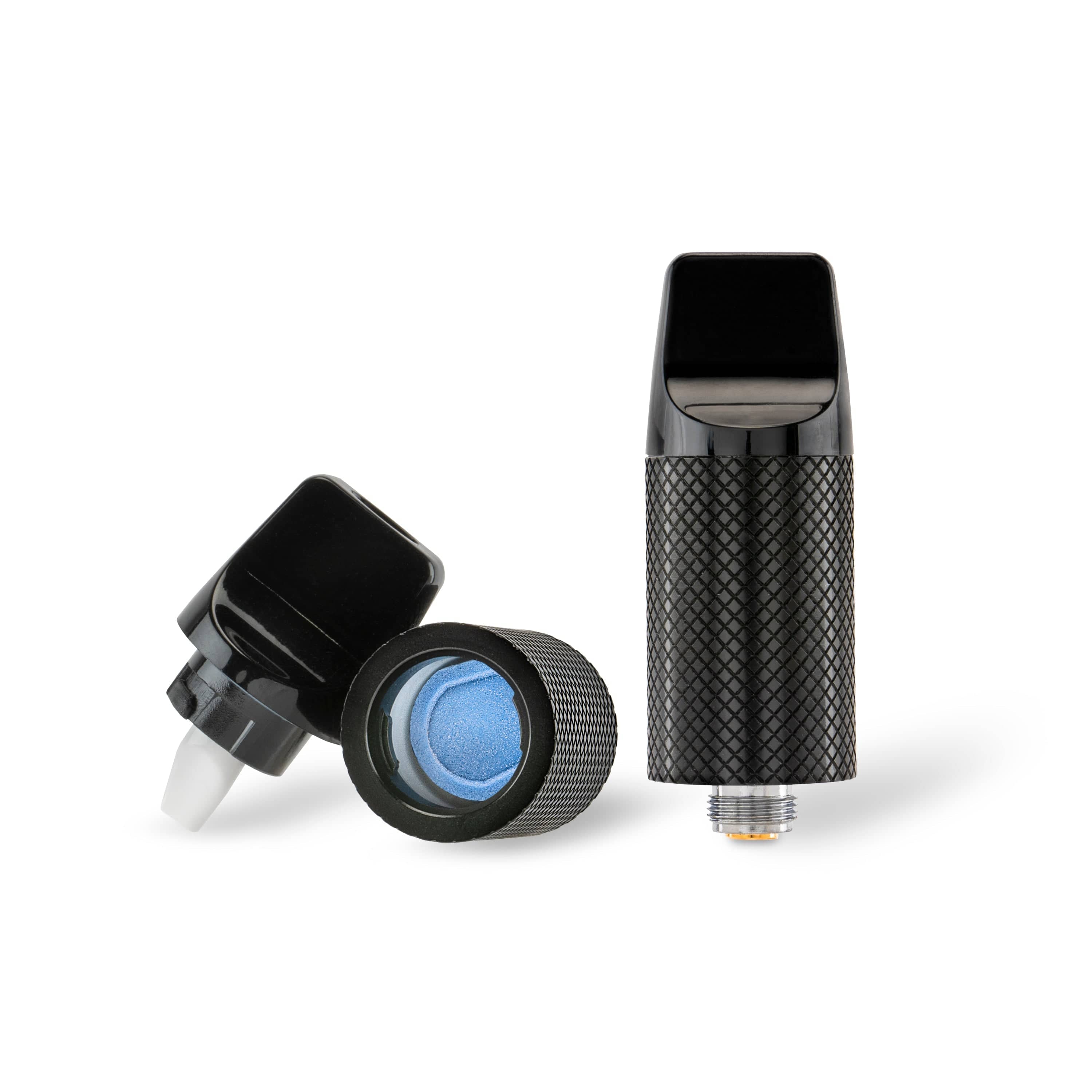 A close-up, angled view of the Beacon Onyx Atomizer & Mouthpiece Replacement Pack, showcasing its black, textured design and disassembled components.